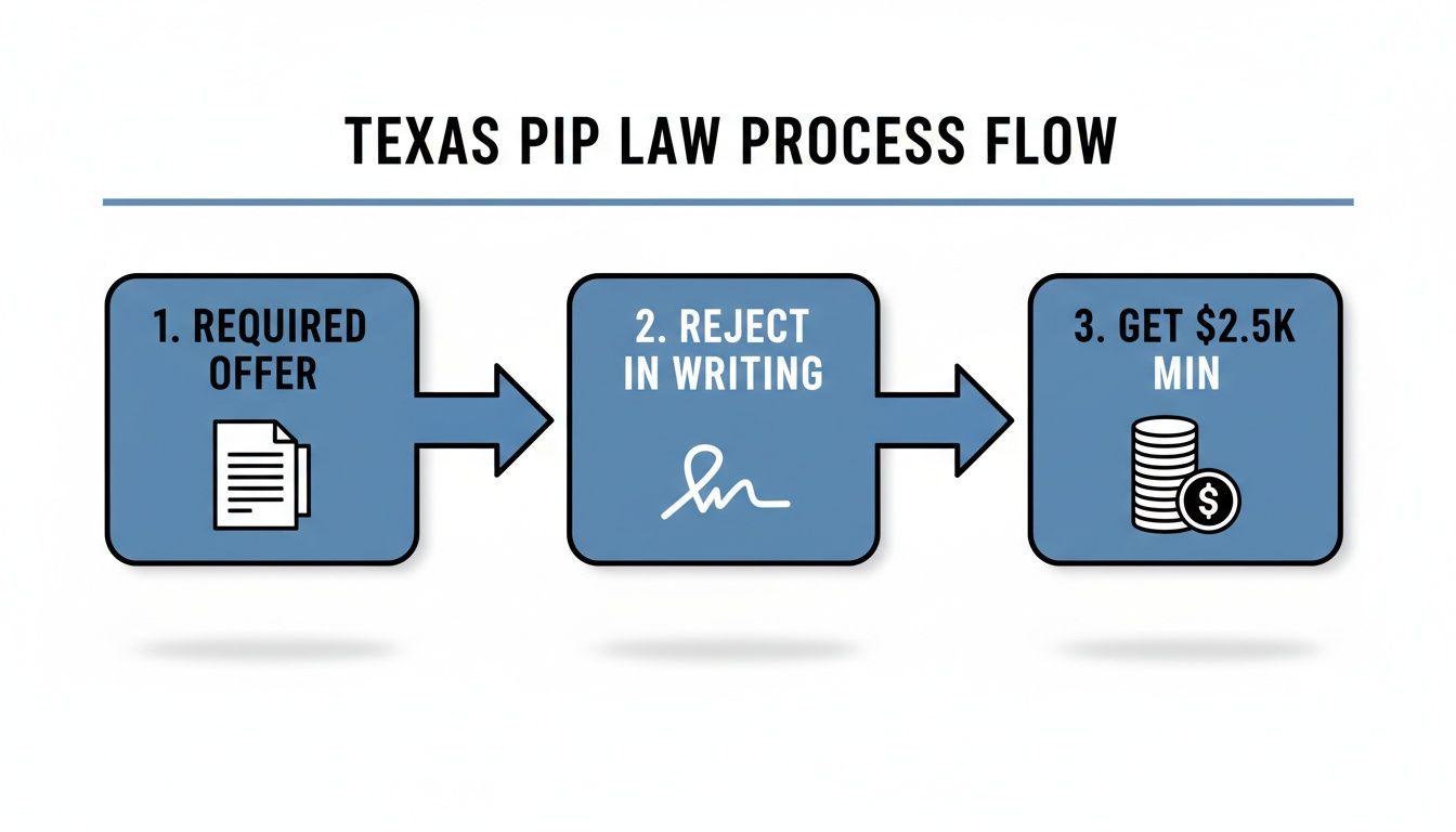A flowchart detailing the Texas PIP law process, showing three steps: required offer, reject in writing, and get $2.5K minimum.