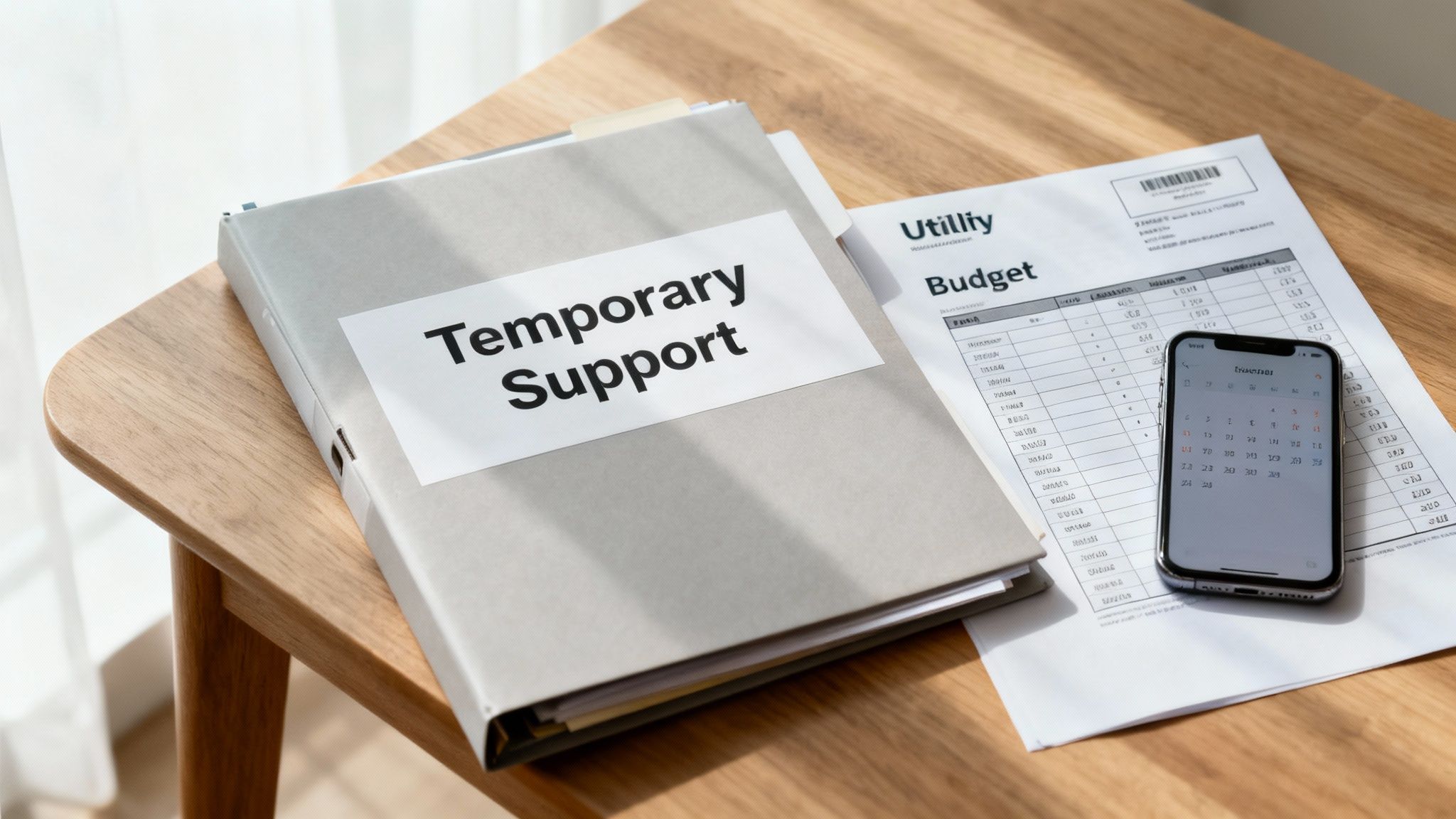 A grey binder labeled "Temporary Support" sits on a wooden table next to a budget sheet and a phone.