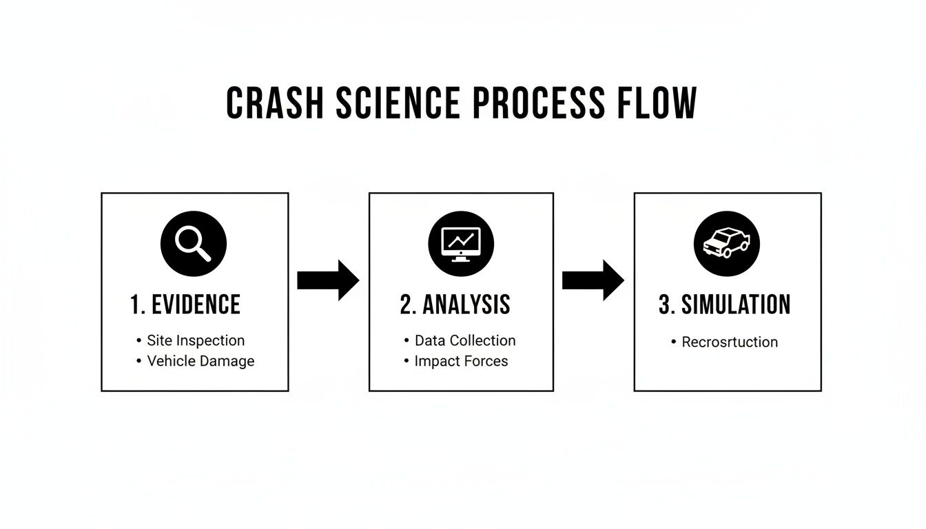 A flowchart illustrating the three-step crash science process, covering evidence collection, analysis, and simulation.