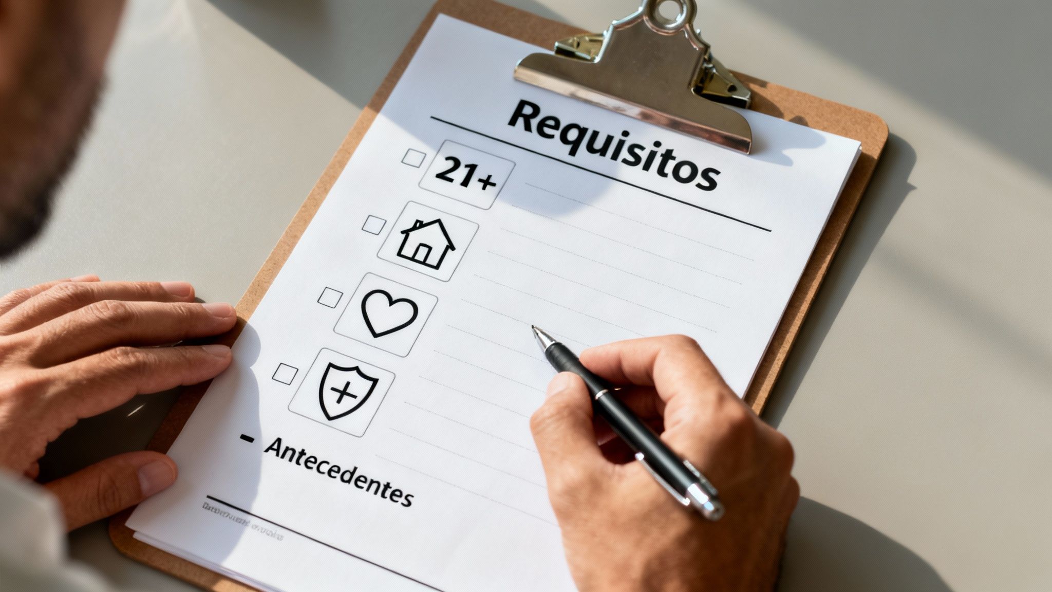 Hombre completando una lista de requisitos para adoptar, con iconos de edad, hogar, corazón y protección.