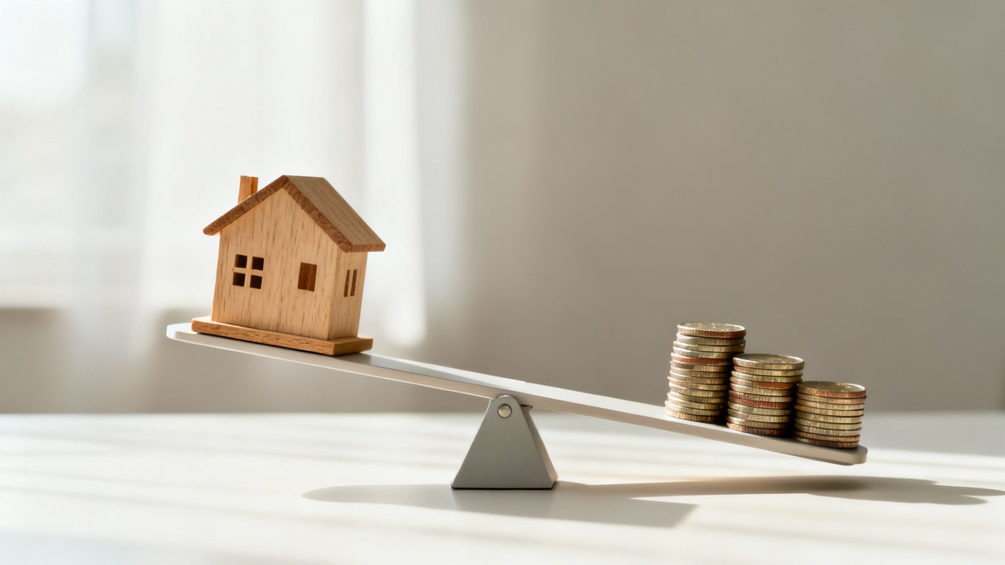 A balanced scale weighing a house on one side and dollar signs on the other, representing the pros and cons of loan assumption.