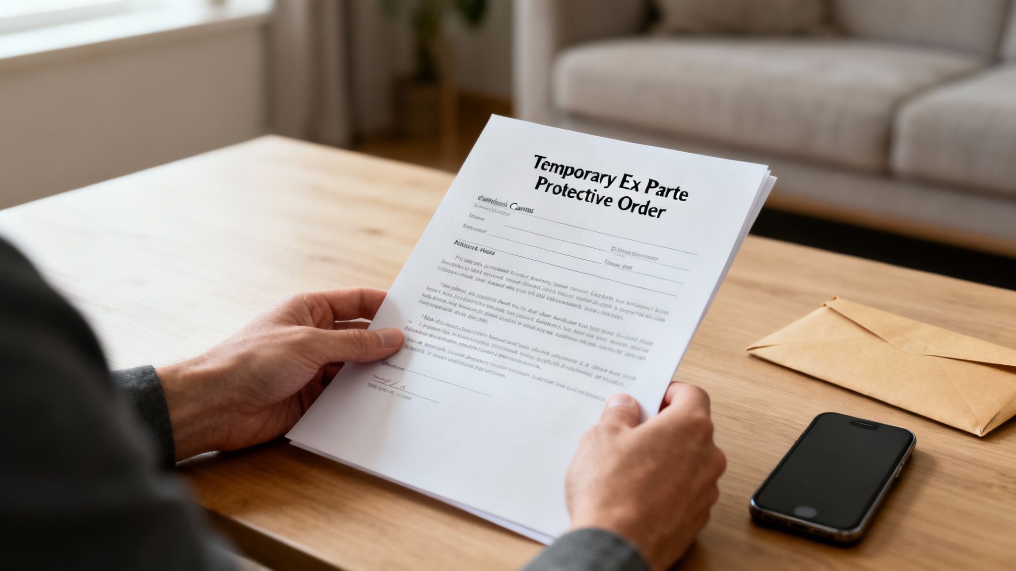 Person holding temporary ex parte protective order document on wooden desk with phone and envelope