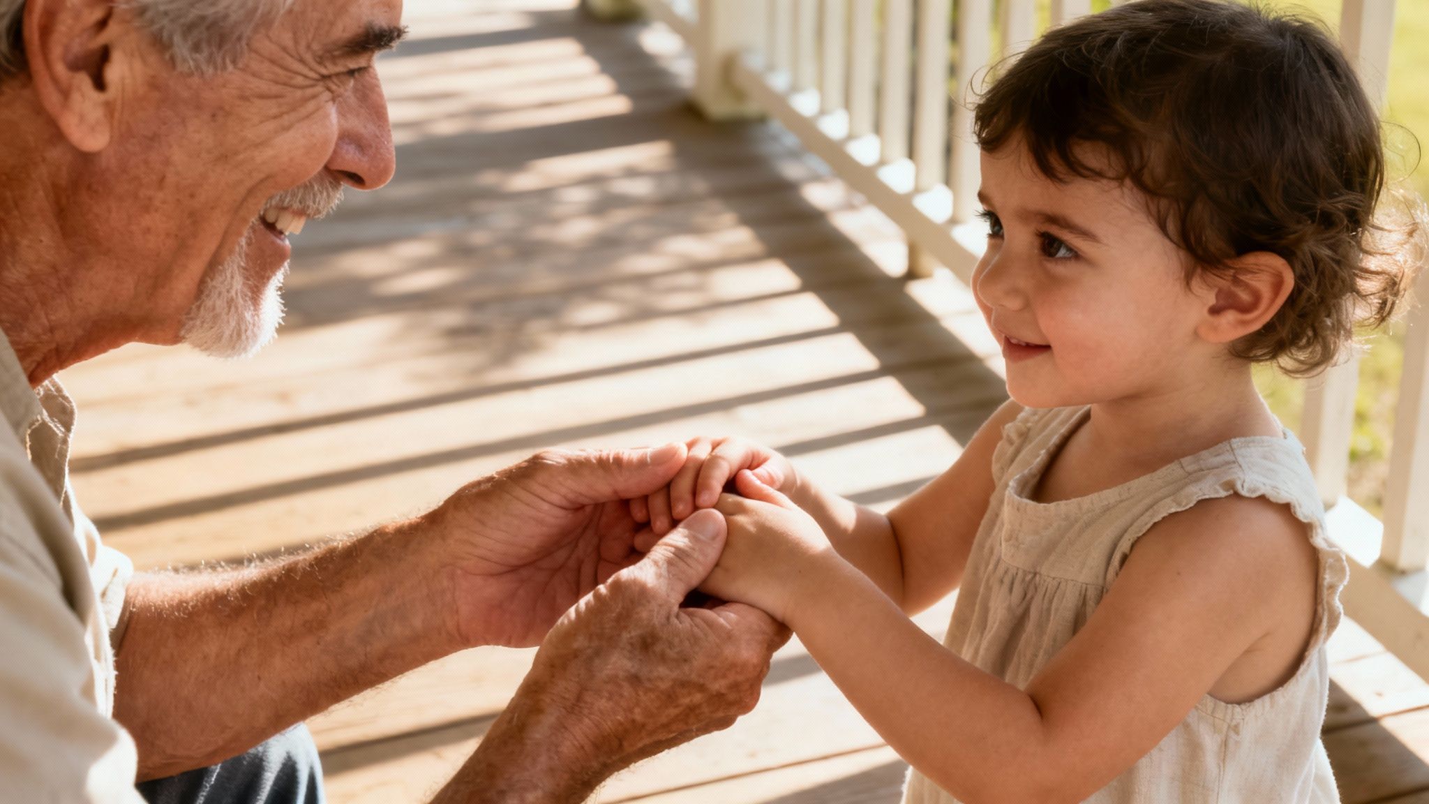 Grandfather and granddaughter sharing a tender moment, holding hands on a porch, symbolizing the cherished bond between grandparents and grandchildren amidst family challenges.