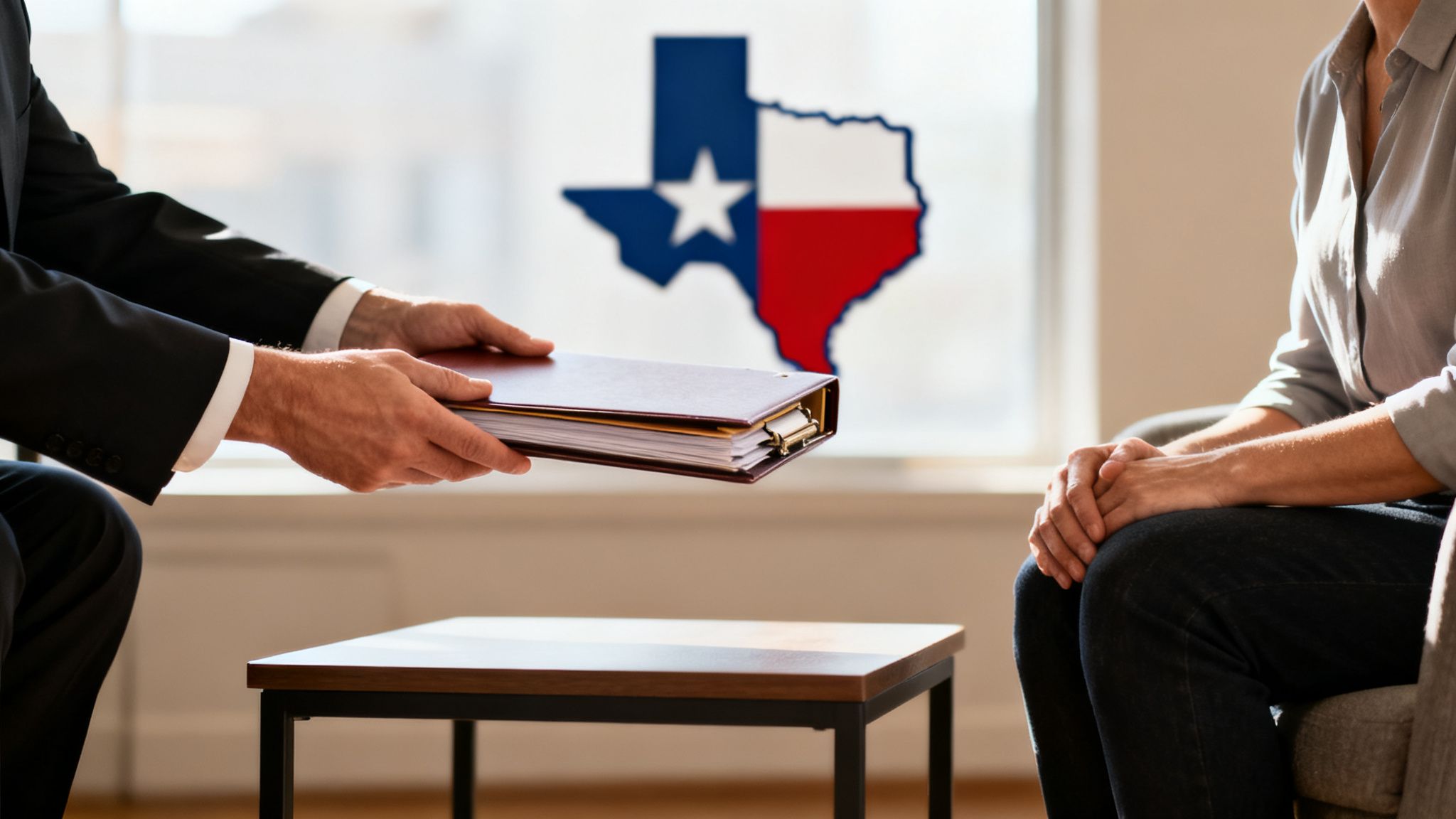 A business professional passes legal documents to a seated person, with a Texas map visible.
