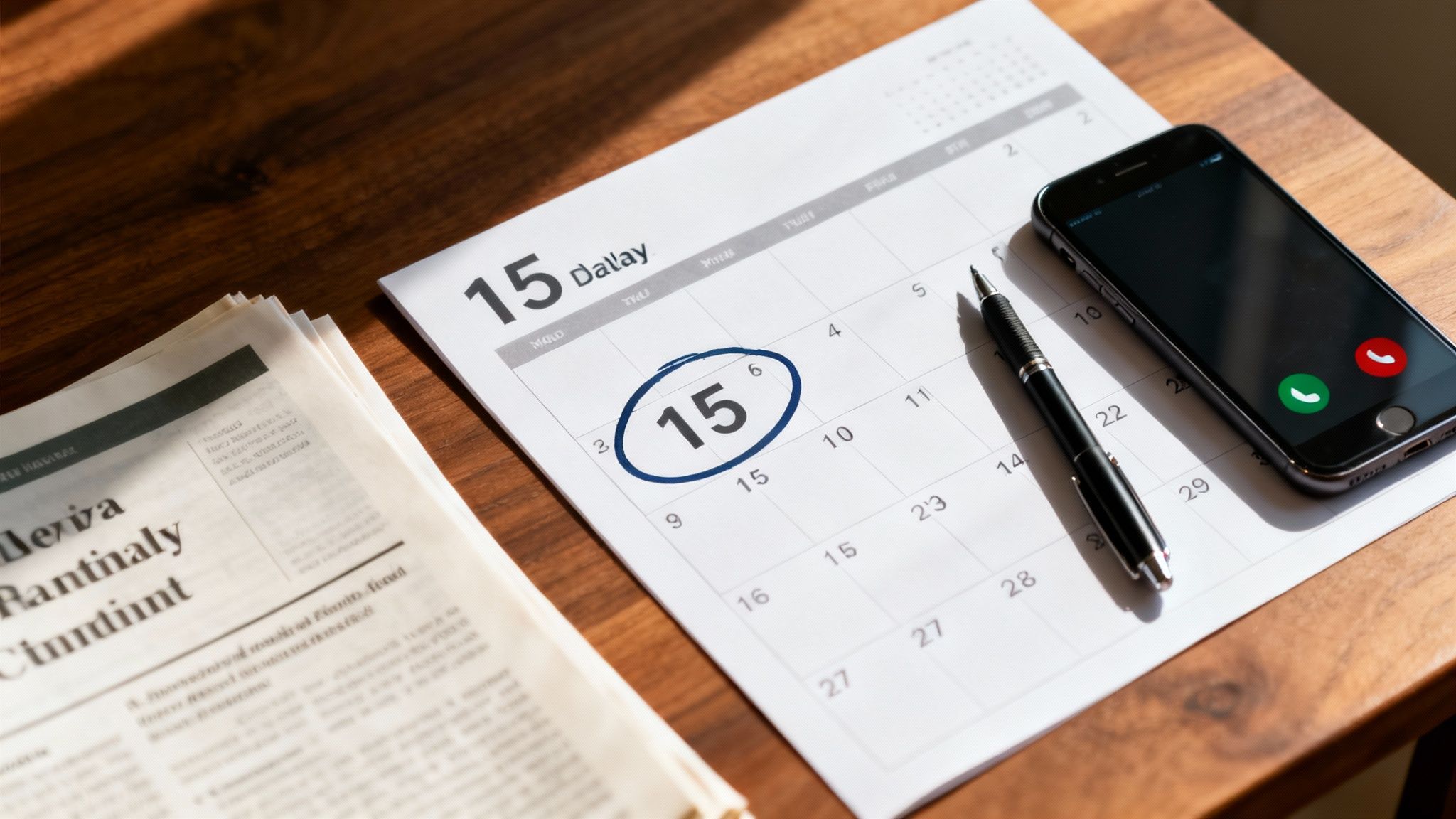 Calendar with circled date 15, smartphone receiving call, pen, and newspapers on a wooden desk.
