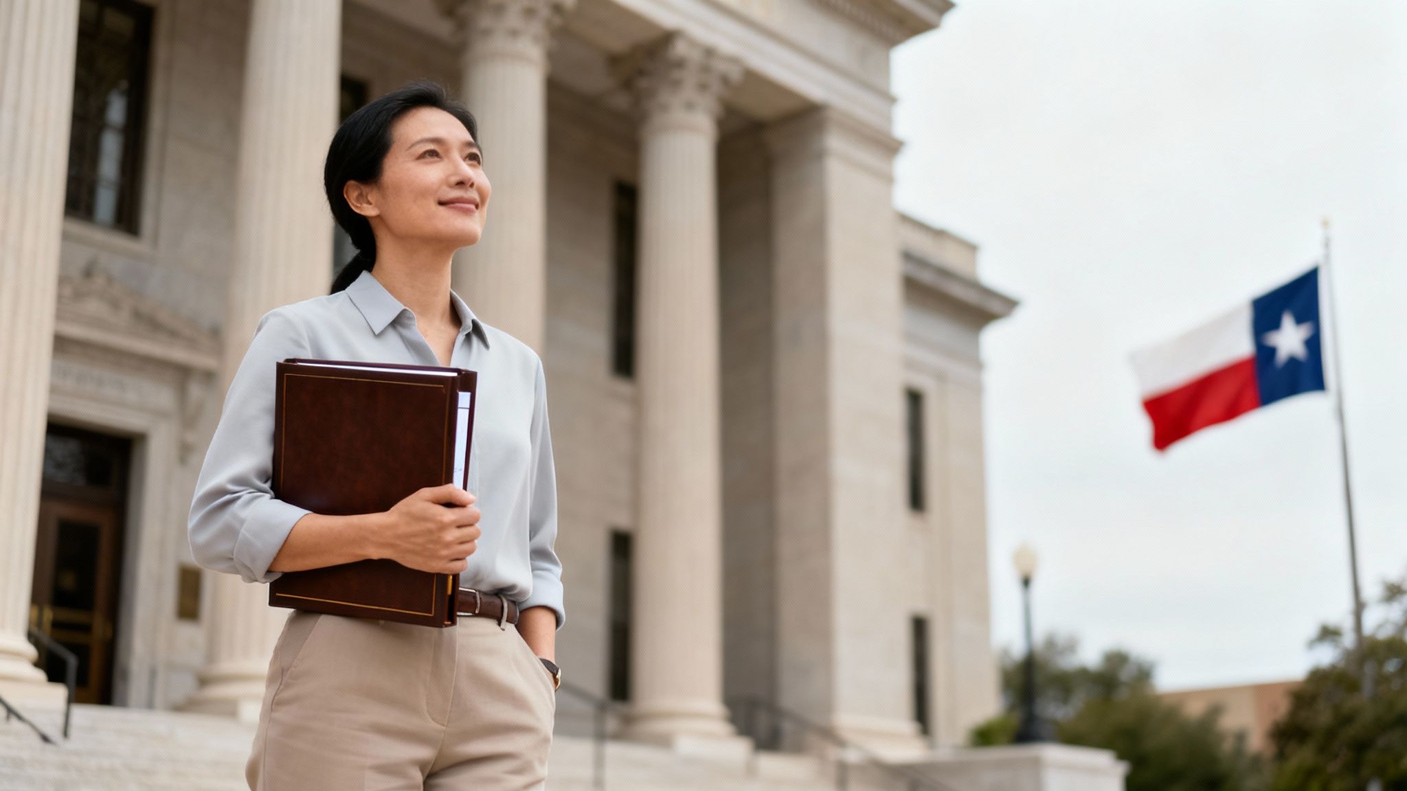 Woman standing confidently outside a Texas courthouse holding legal documents, symbolizing DWI defense and legal support in Texas.