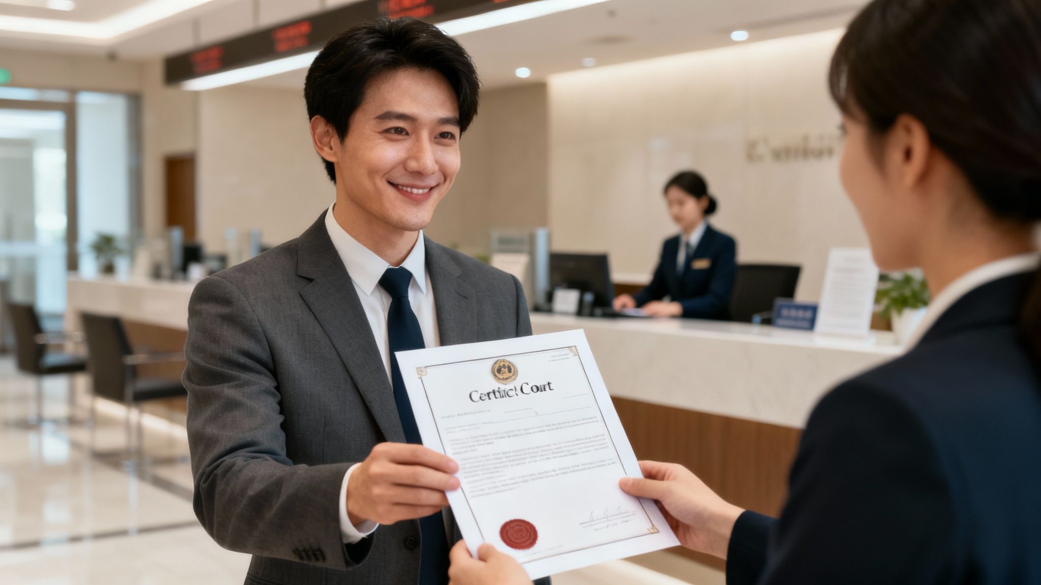 Un hombre sonriente con traje entrega un documento oficial a una mujer en una oficina moderna.