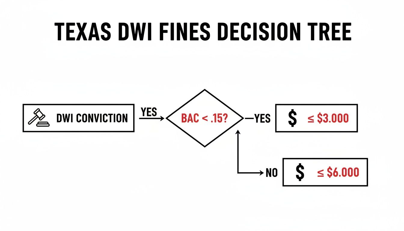 Texas DWI fines decision tree illustrating penalties for DWI conviction based on BAC levels, showing fines of $3,000 or $6,000.
