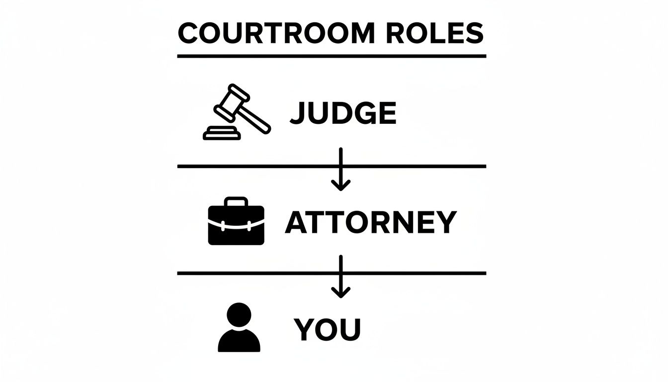 A diagram illustrating the courtroom roles hierarchy, showing Judge, Attorney, and You with icons.