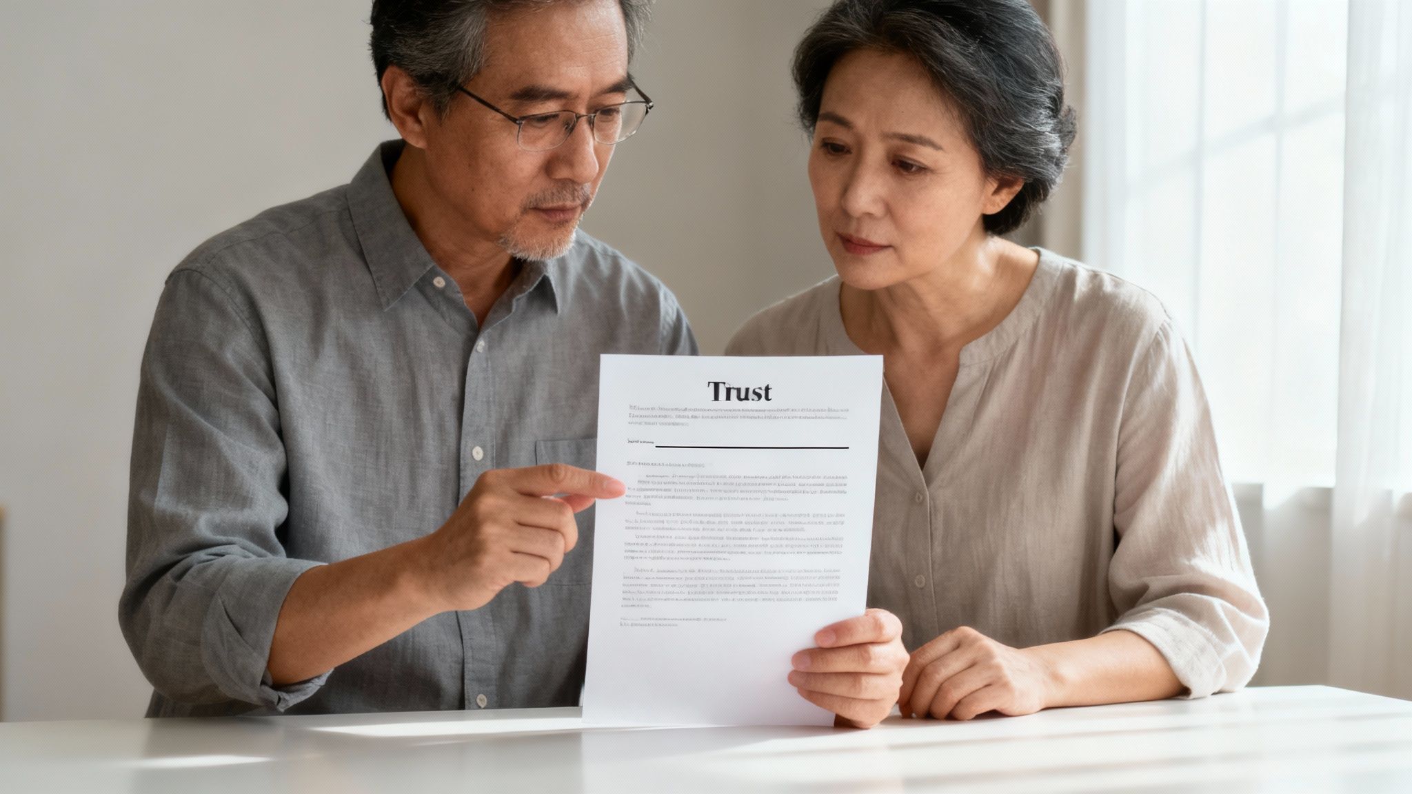Asian couple reviewing trust document together discussing estate planning and legal matters