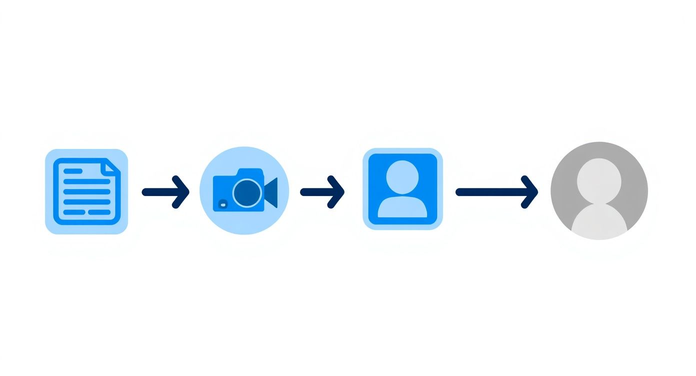 A visual workflow showing a document icon, camera, blue person icon, and gray person icon connected by arrows.