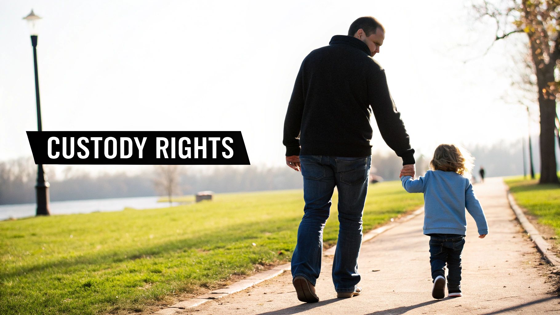 A father and child hold hands while walking outdoors on a path, with "CUSTODY RIGHTS" text.