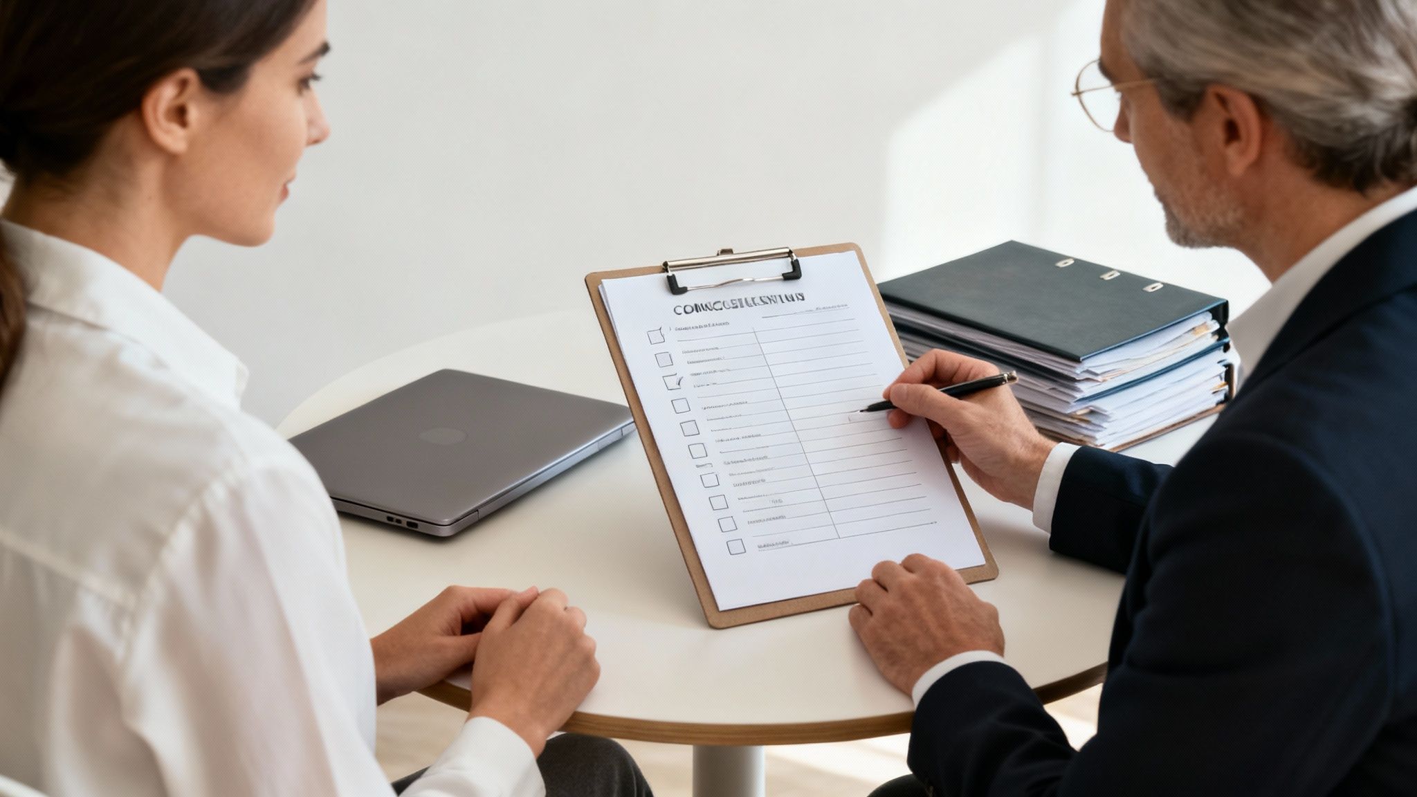 Two professionals at a table, an older man writing on a clipboard while a young woman watches.