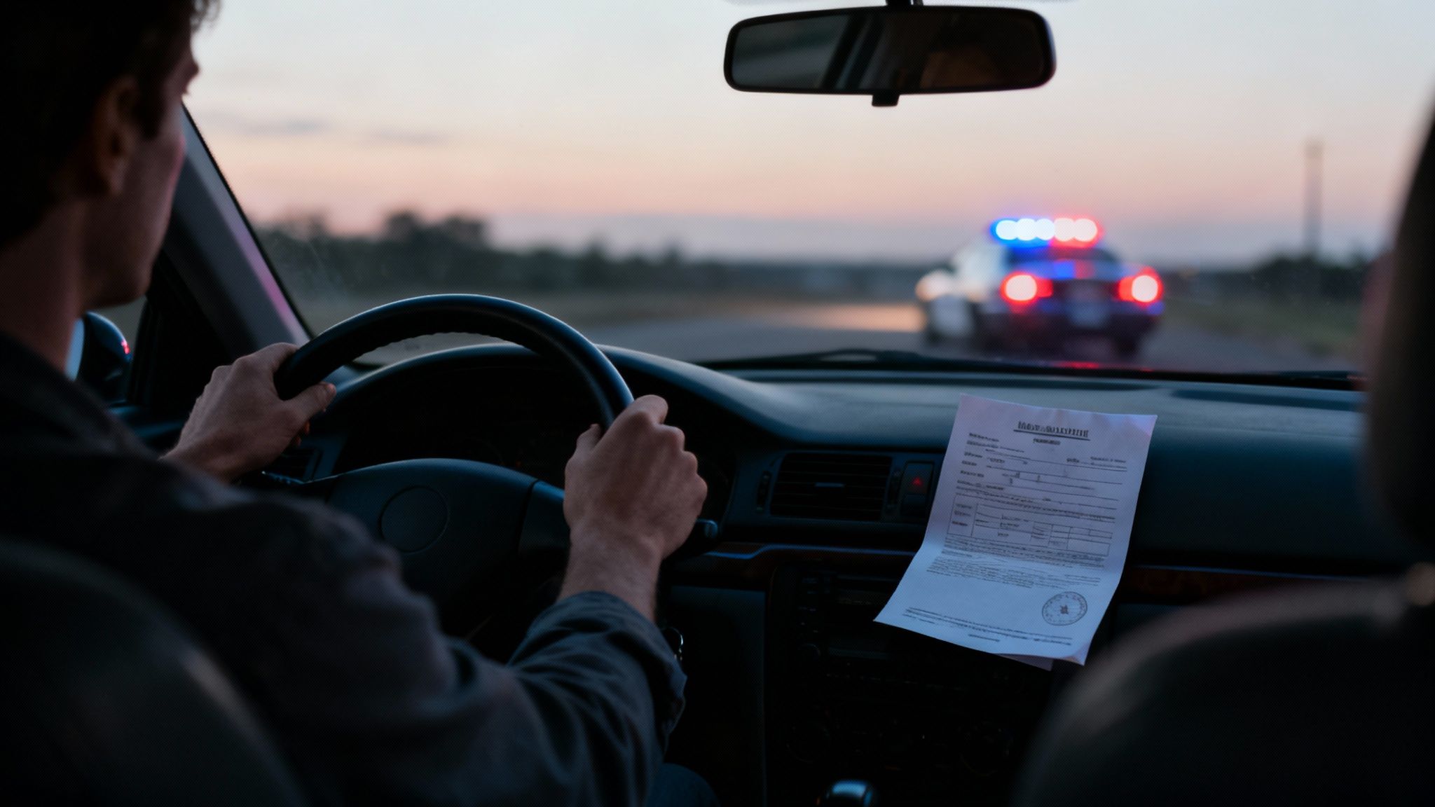 Driver holding steering wheel in car, looking at police vehicle with flashing lights in background, DWI citation on dashboard, illustrating consequences of DWI in Texas.