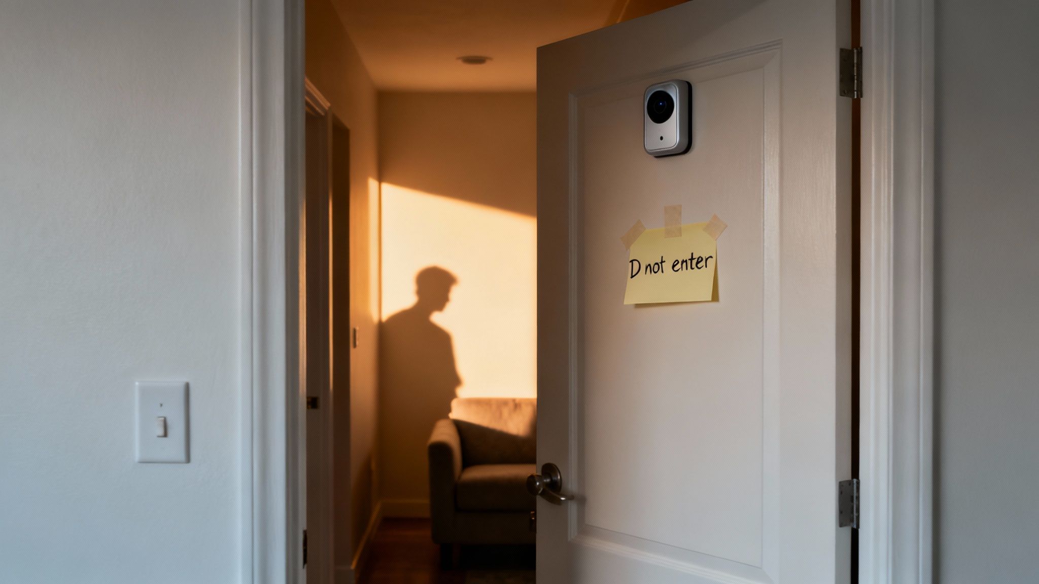 Door with "Do not enter" sign and security camera, shadow of a person visible, representing tenant privacy rights and landlord entry regulations in Texas.