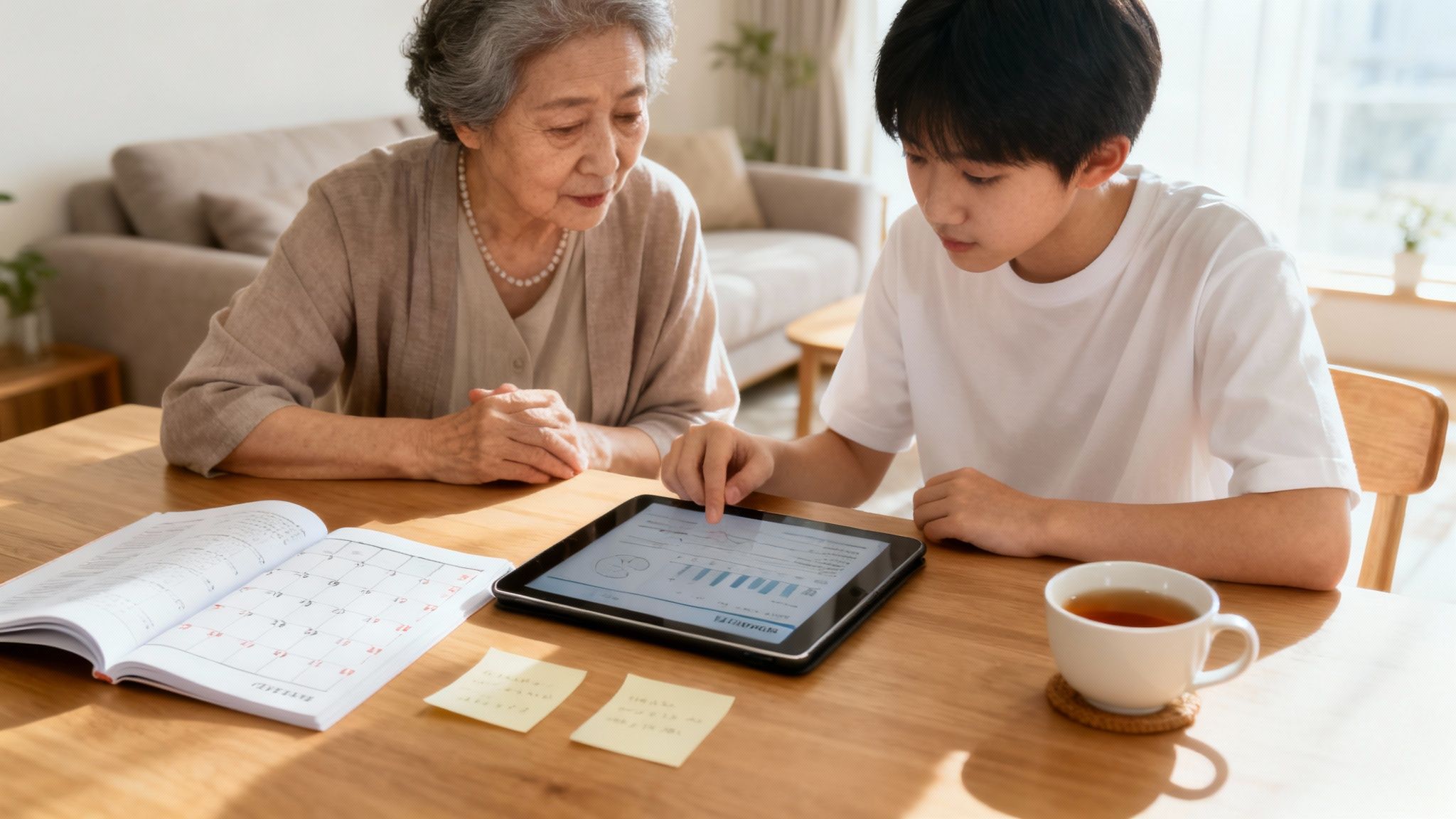 An older woman and a young man collaborate, looking at a tablet displaying financial data.