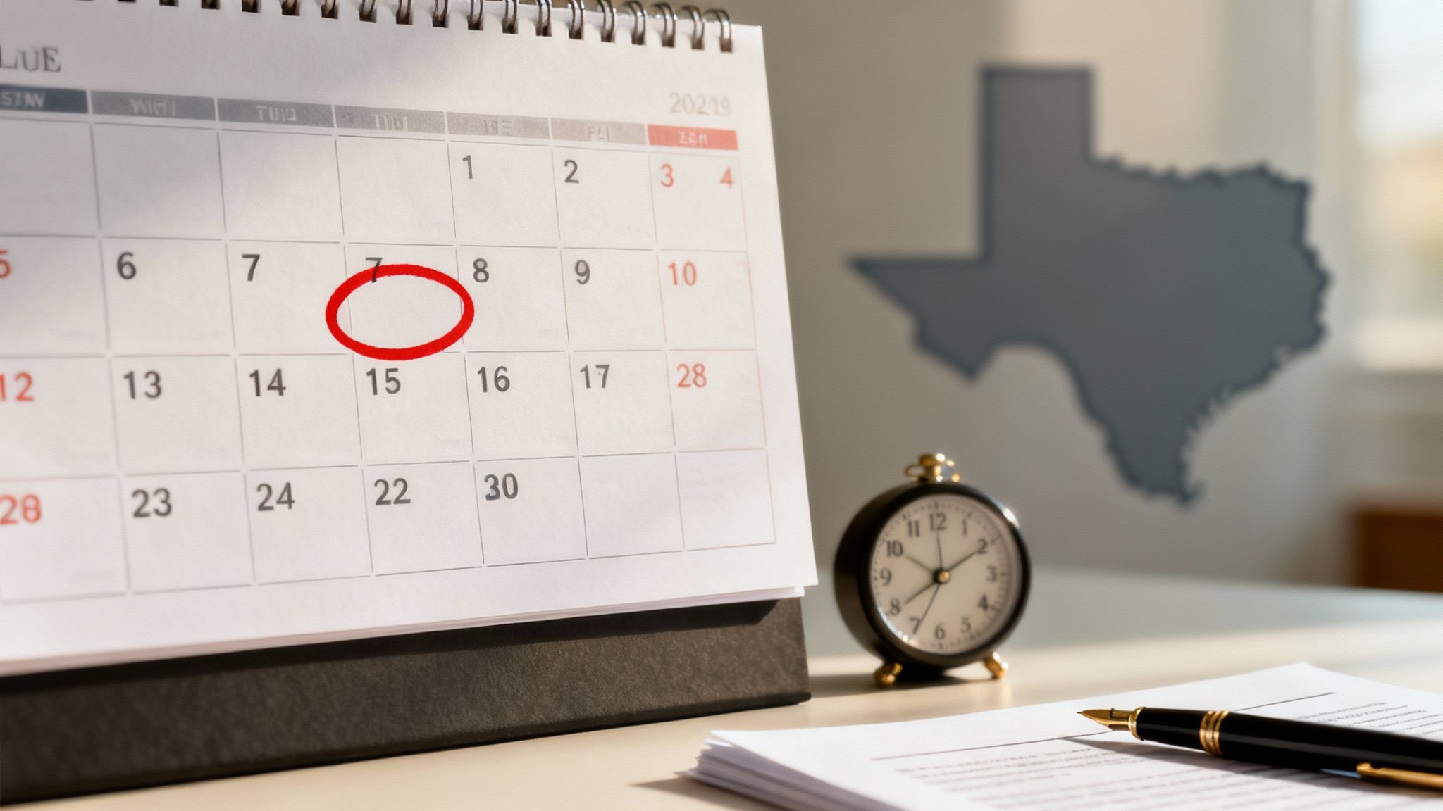 A close-up of a calendar with a date circled, symbolizing a legal deadline.