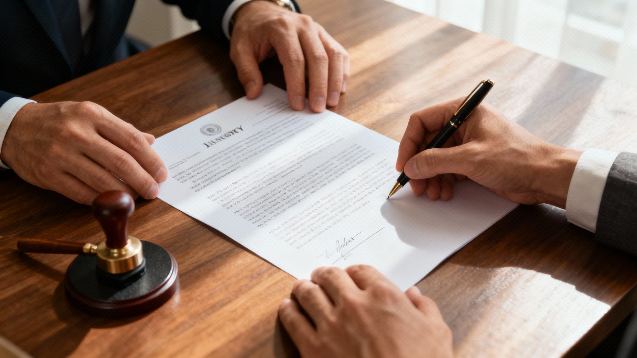 A lawyer and a client signing legal documents at a desk.