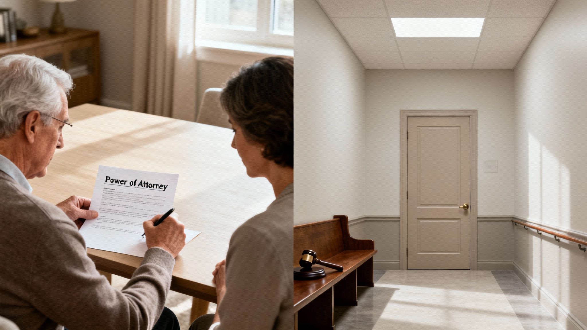 Older man signing Power of Attorney document at table with woman observing, contrasted with empty hallway featuring a gavel and bench, illustrating legal processes of estate planning and guardianship.