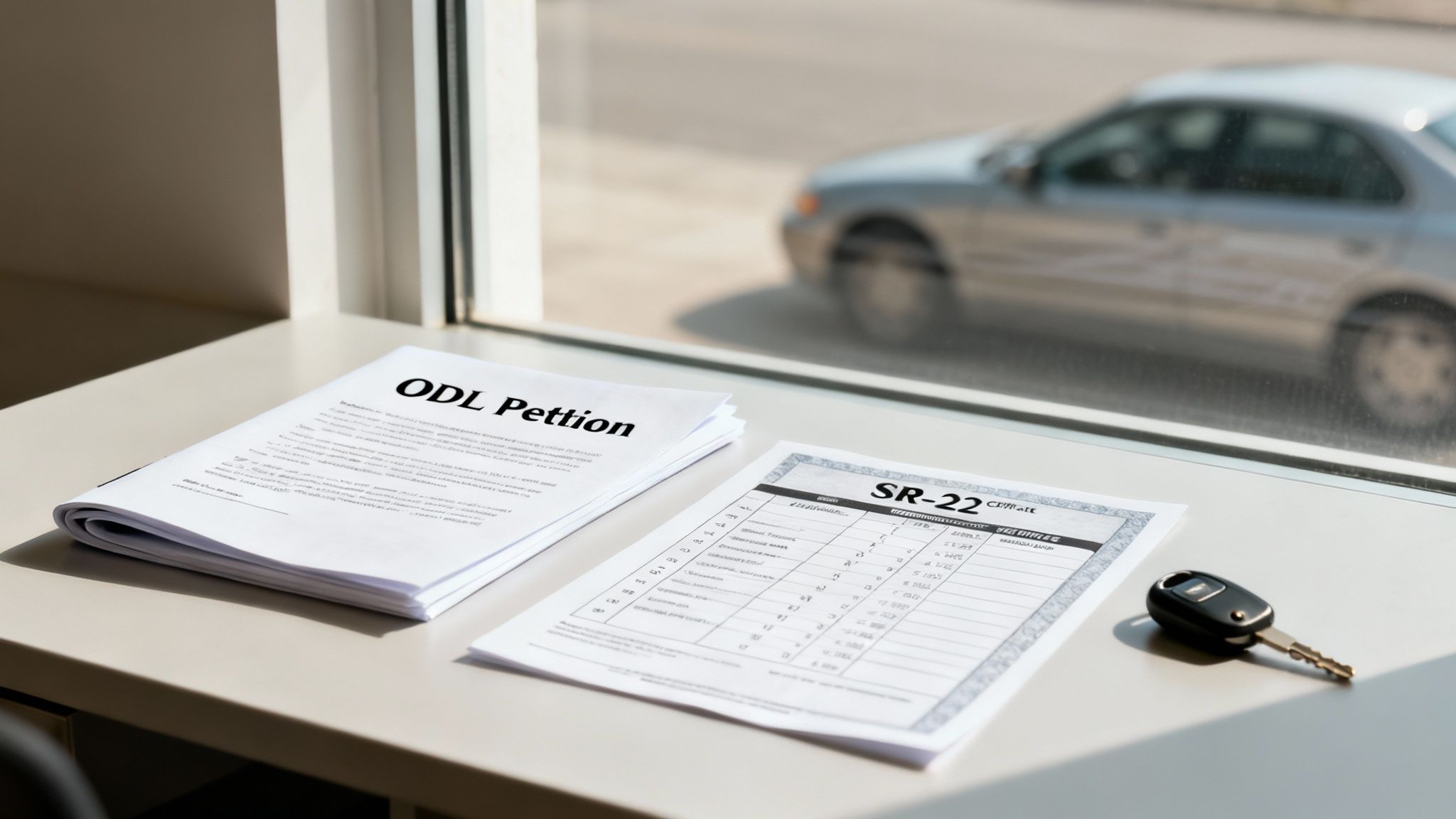 Documents titled 'ODL Petition' and 'SR-22' with a car key on a table by a window, showing a car outside.