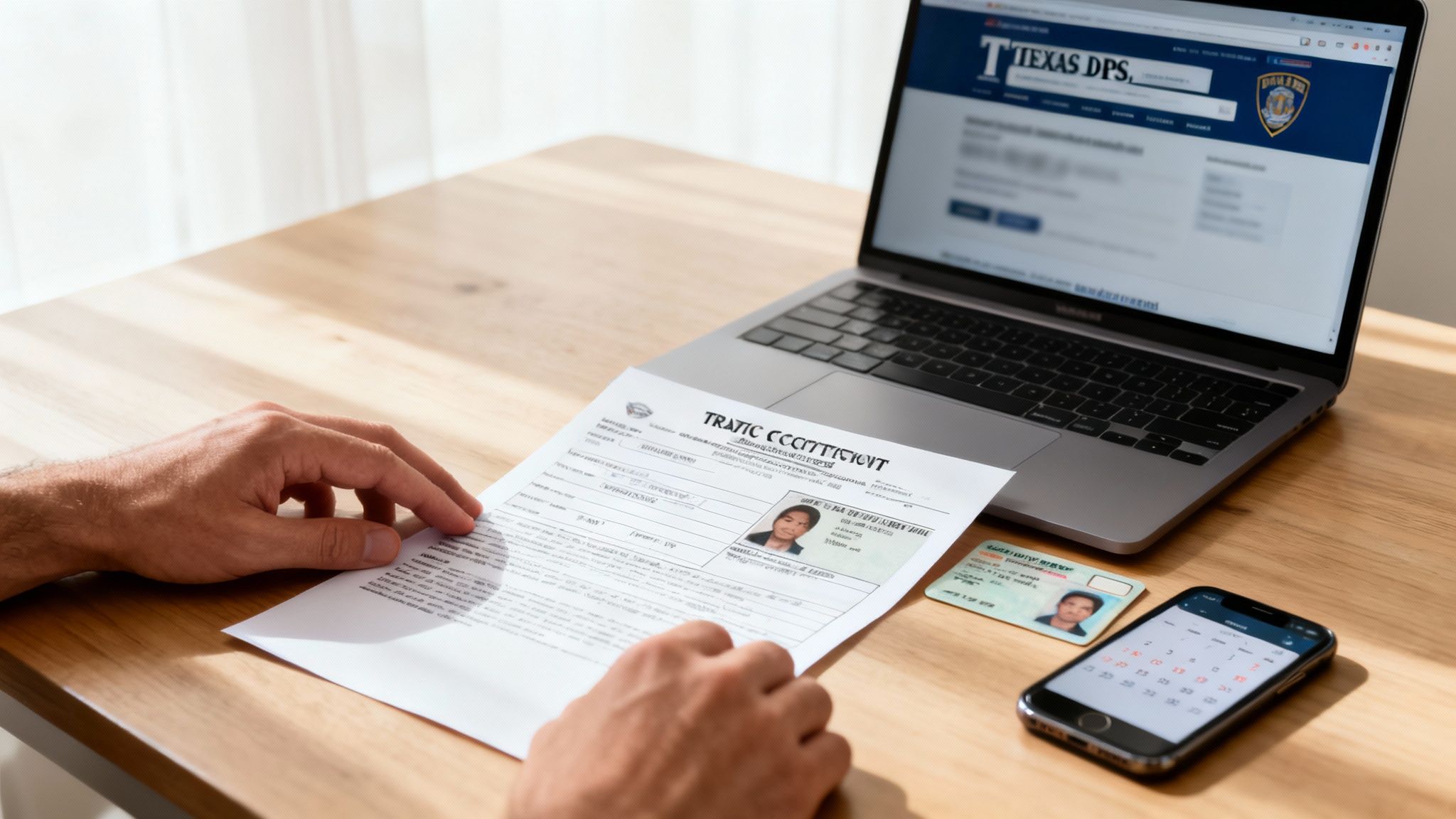 A person reviews a document next to a laptop with the Texas DPS website, a driver's license, and smartphone.