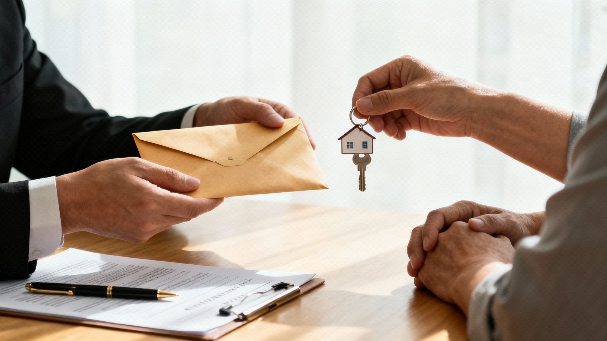 Real estate agent hands an envelope to a client receiving a house key.