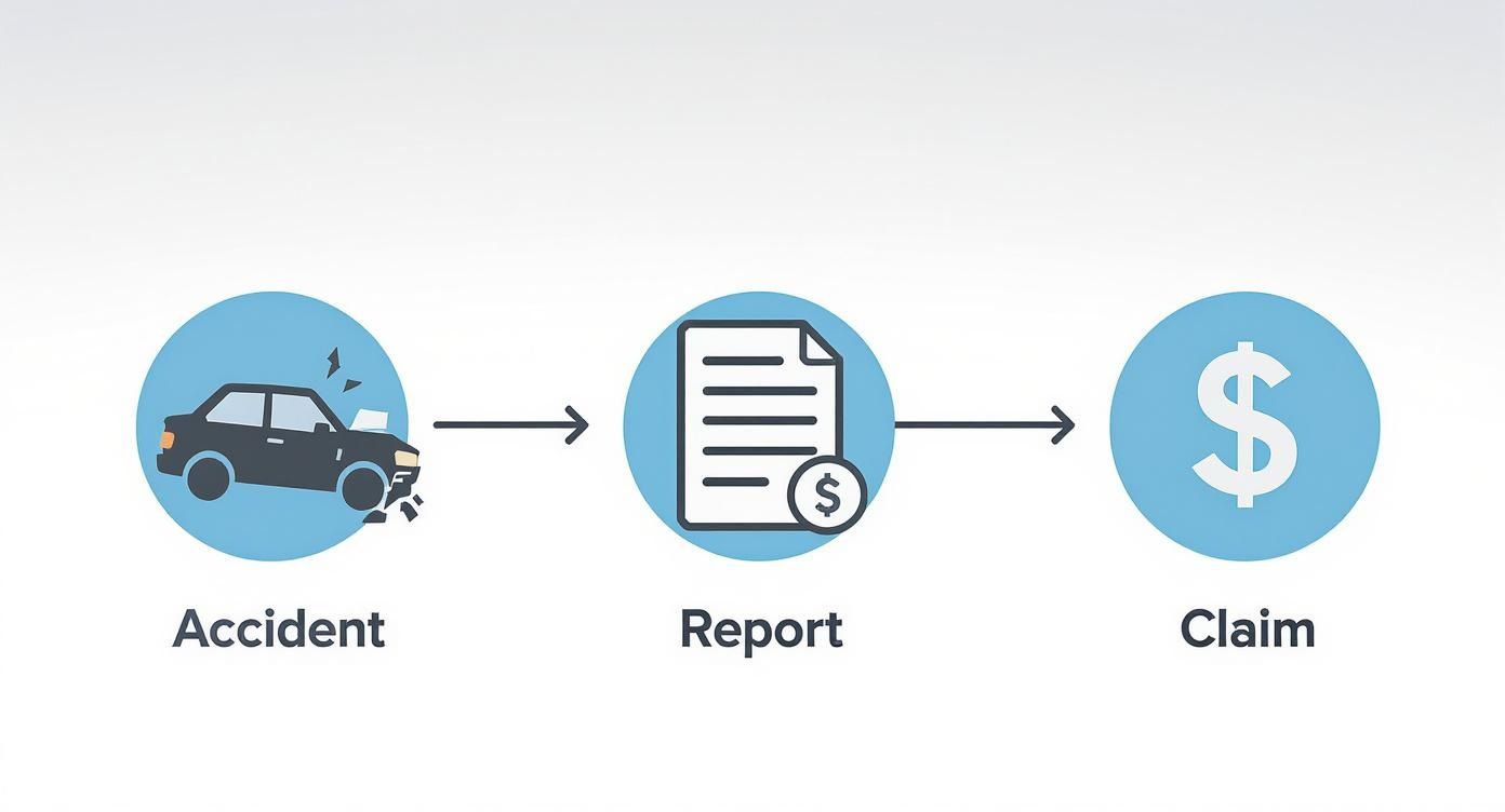 A visual representation of the insurance claim process showing steps: accident, report, and claim.