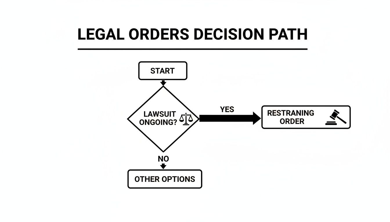 A legal orders decision path flowchart showing options based on an ongoing lawsuit.