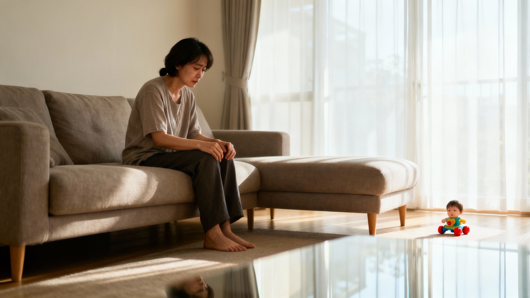 A sad woman sits alone on a sofa, looking down, with a child's toy on the floor.