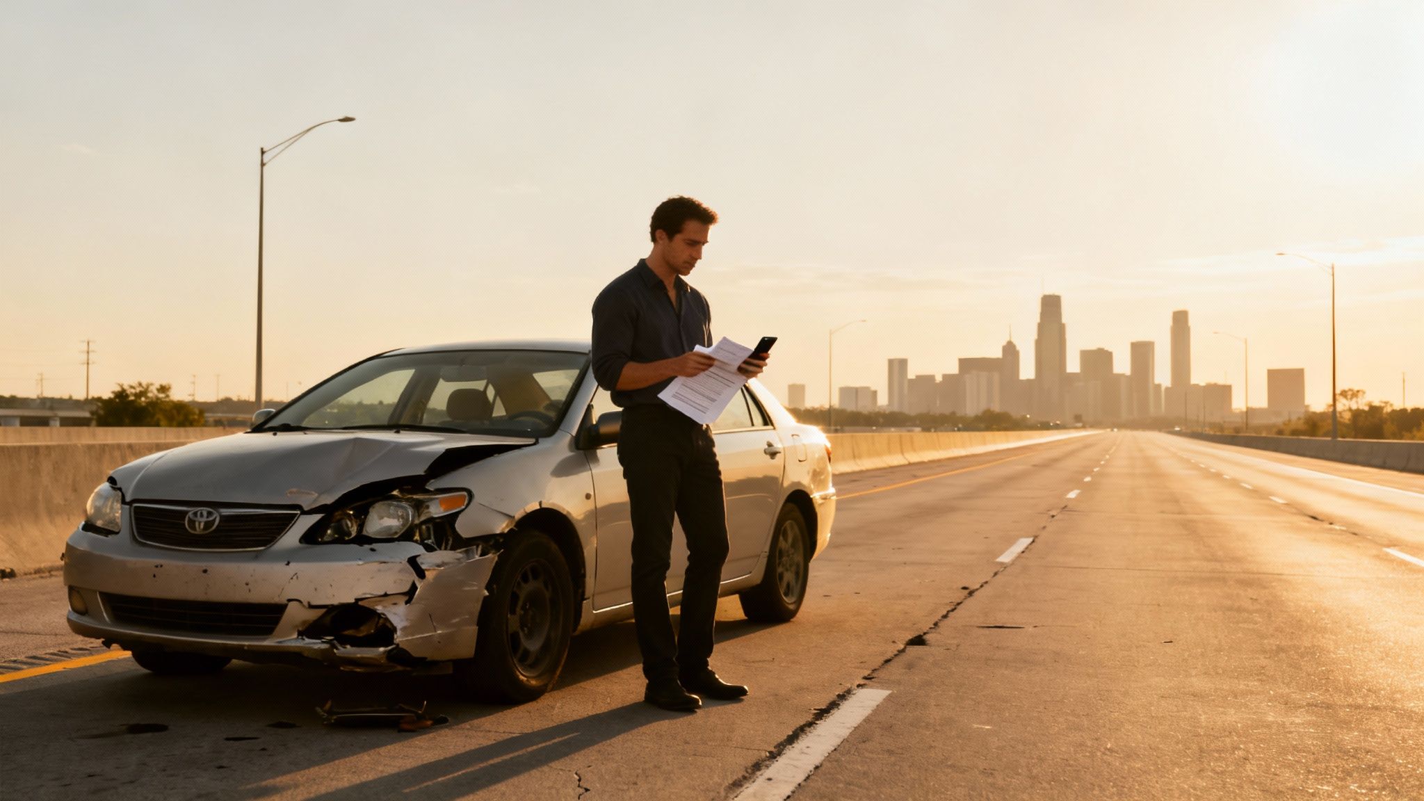 A man reviews documents and phone next to a crashed silver car on a highway at sunset.