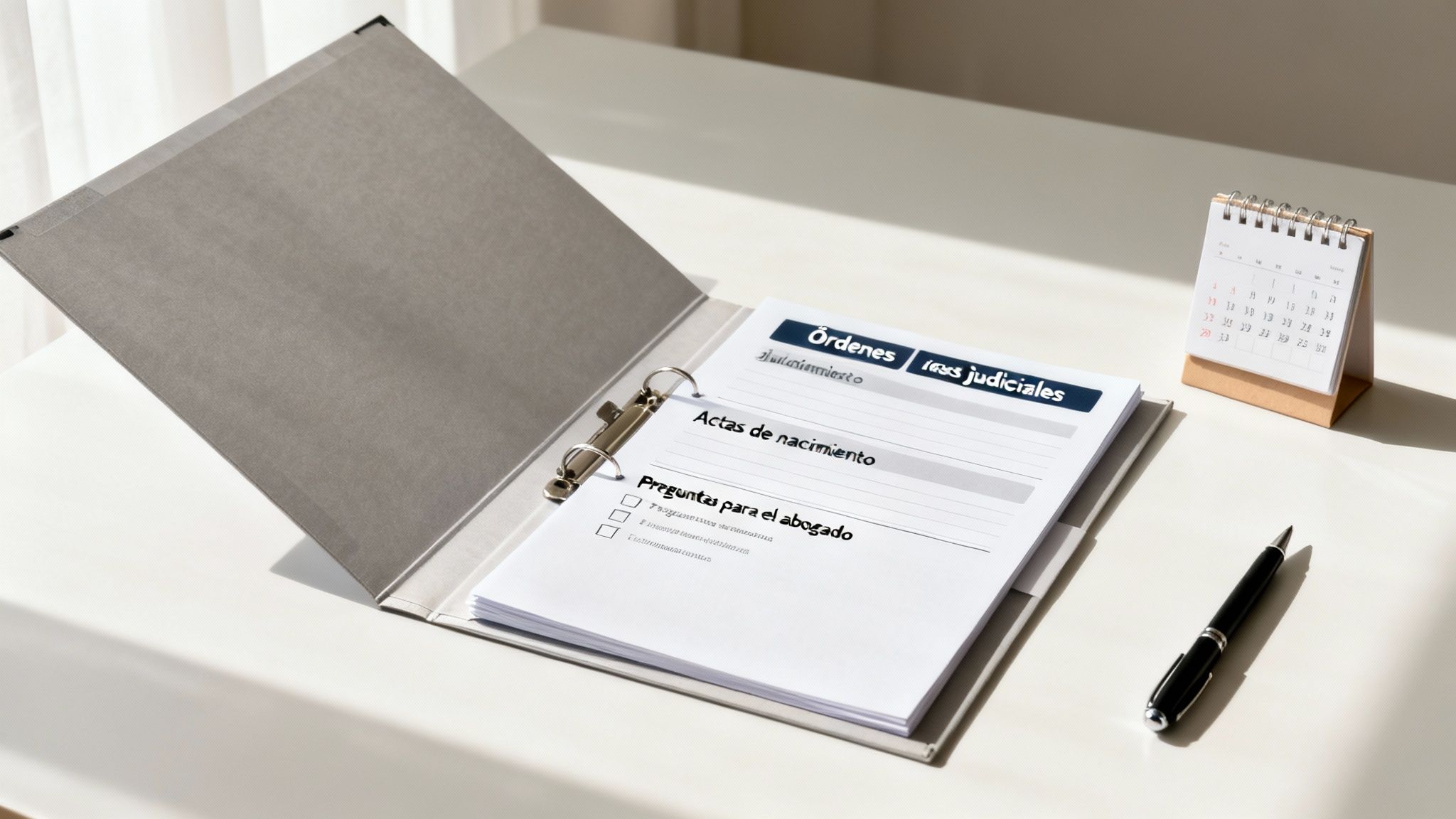 Carpeta abierta con documentos legales sobre actas de nacimiento y preguntas para el abogado, en un escritorio.