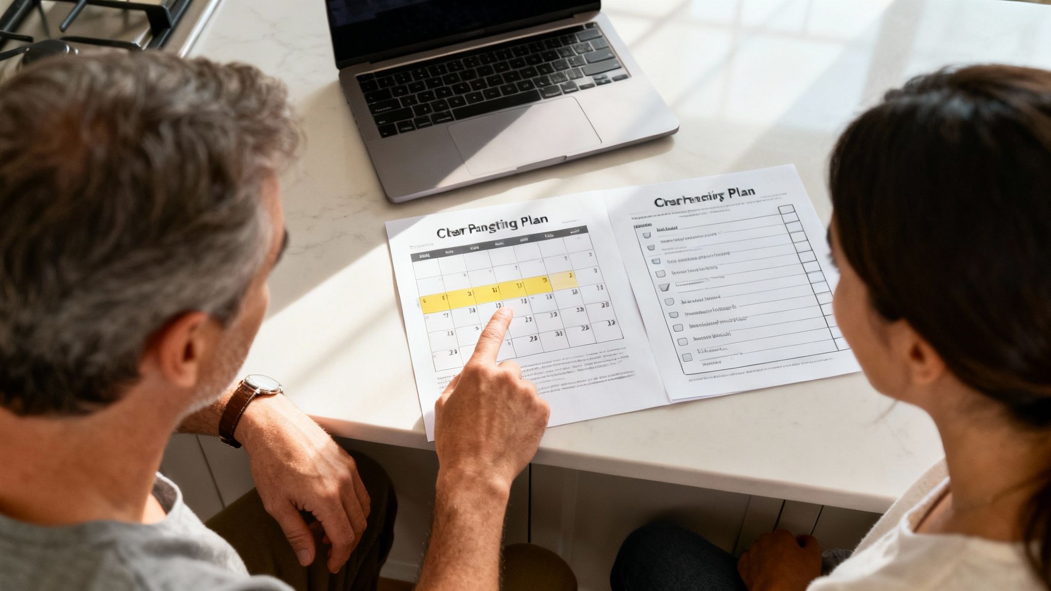 A couple reviews a shared calendar and checklist, planning a 50/50 custody schedule.