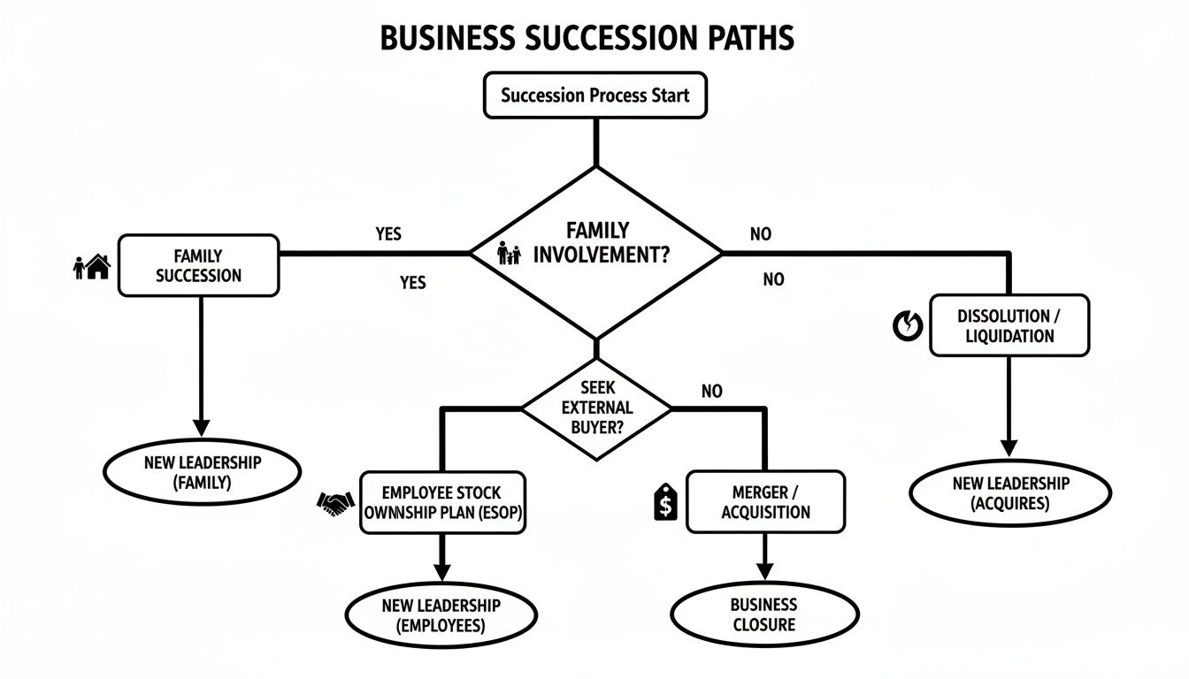 Flowchart illustrating business succession paths, detailing options like family, employee, or external buyer involvement.