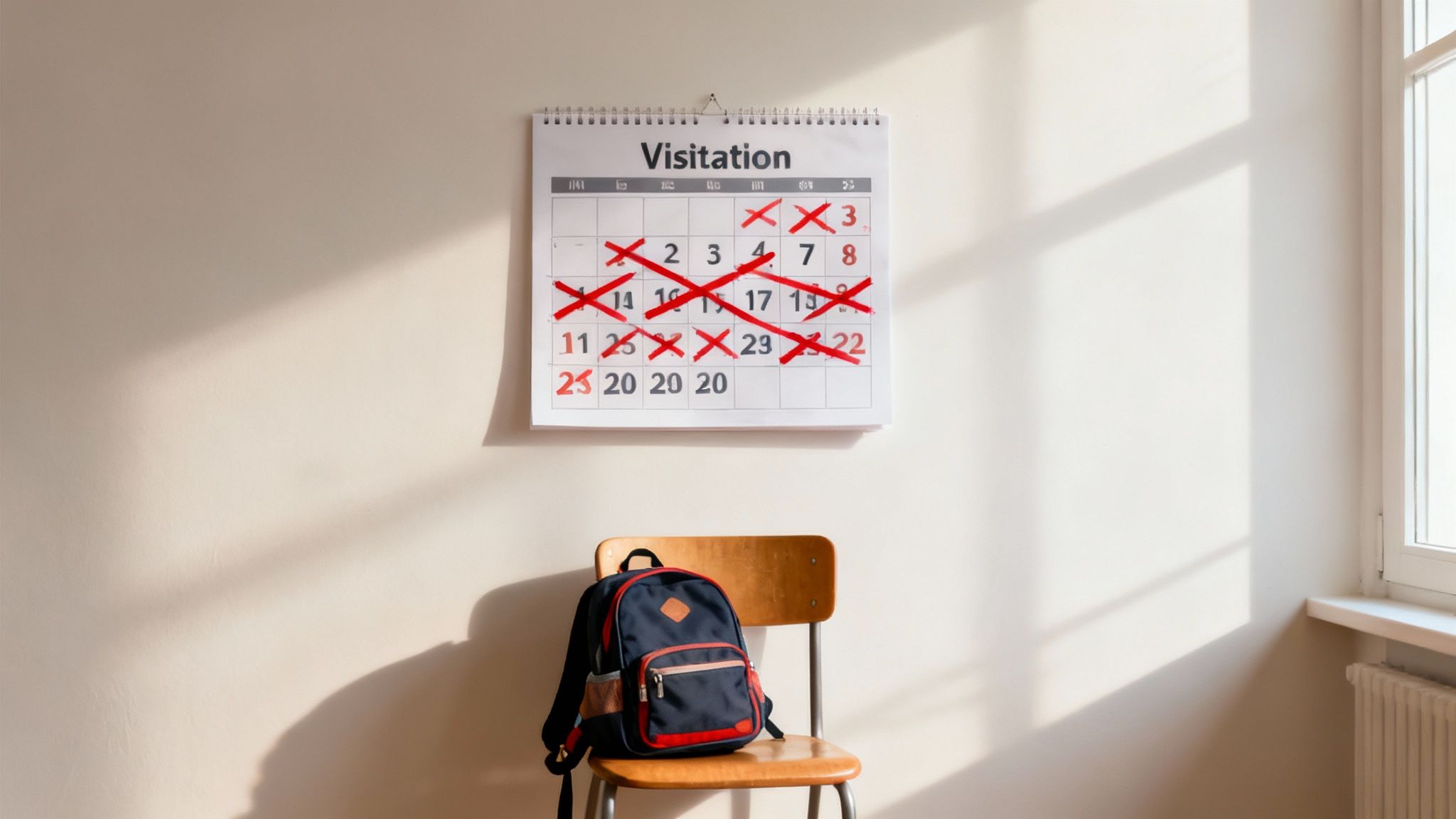 A visitation calendar with many crossed-out dates hangs on a wall above a child's backpack on a chair.