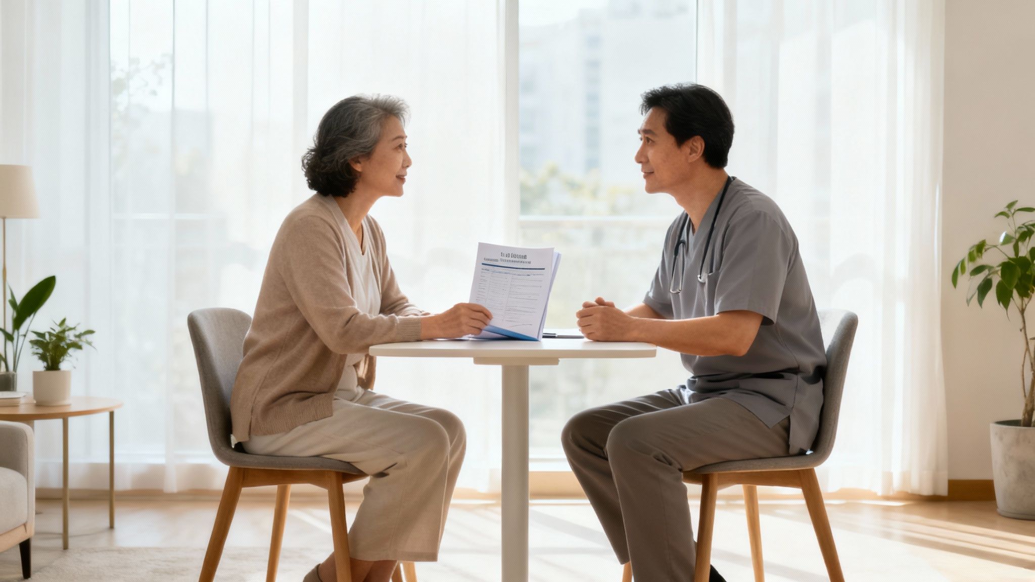 A family having a serious, compassionate conversation in their living room.