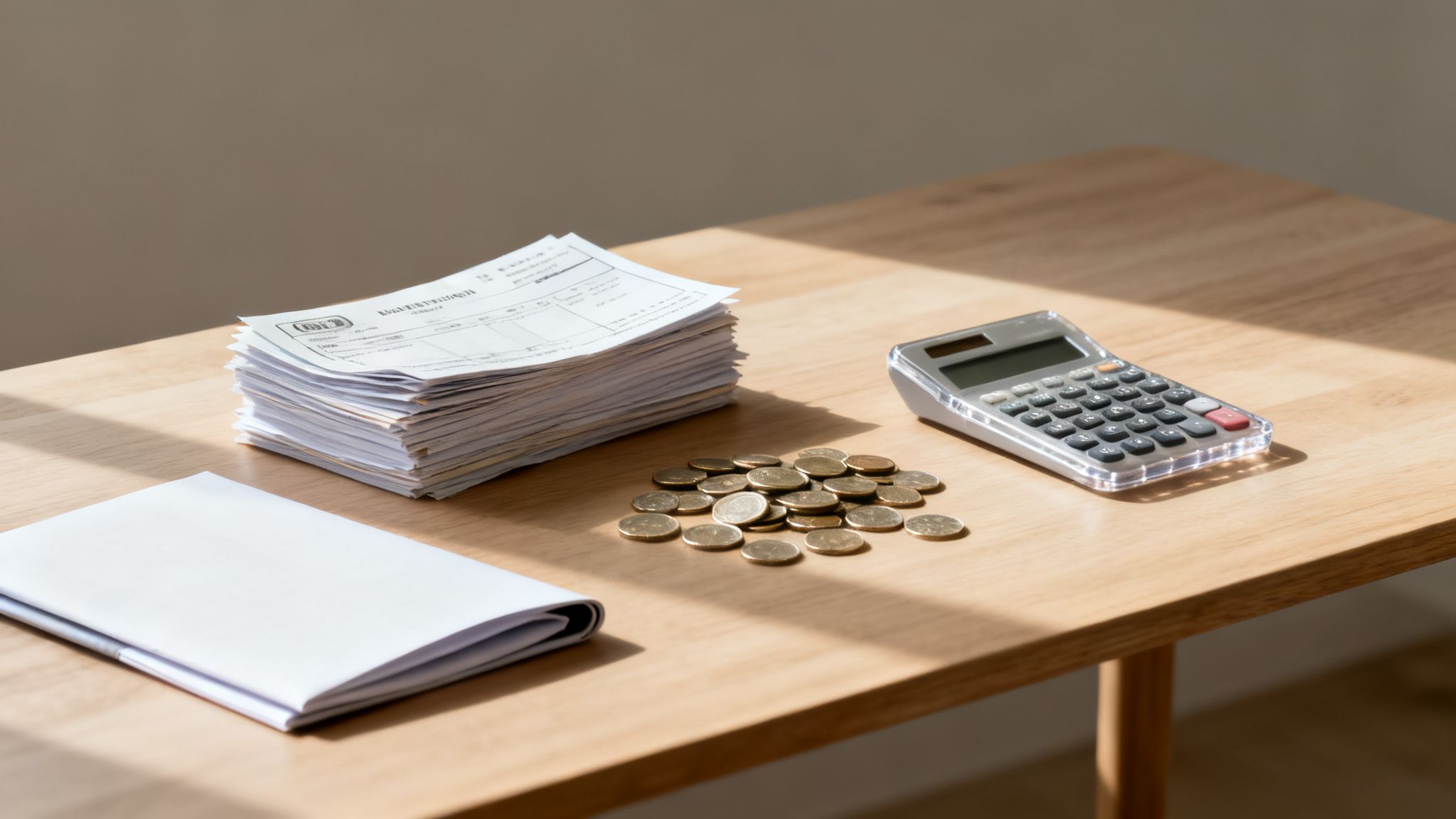 A calculator, stack of papers, coins, and an envelope on a wooden table, symbolizing financial planning.