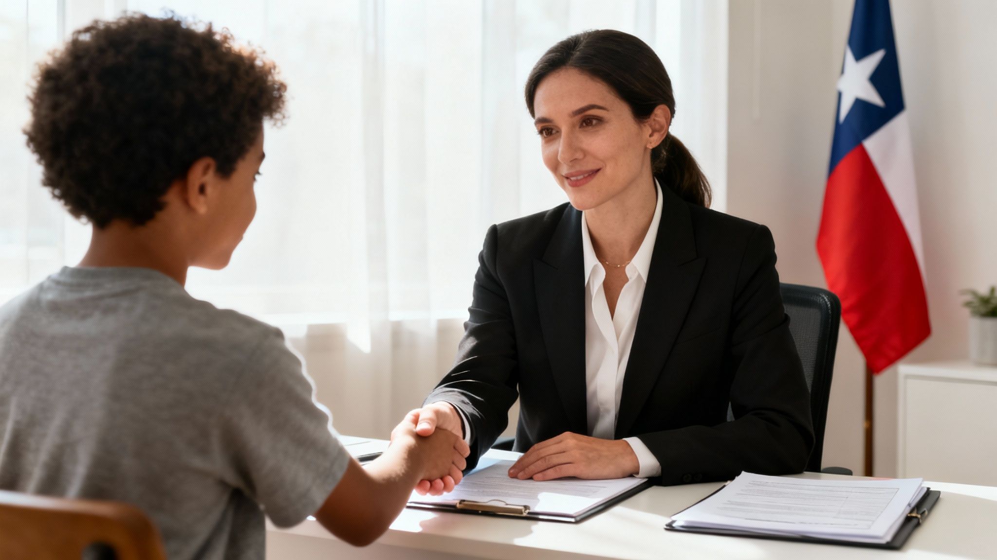 A lawyer compassionately speaking with a client in an office, symbolizing guidance and support.