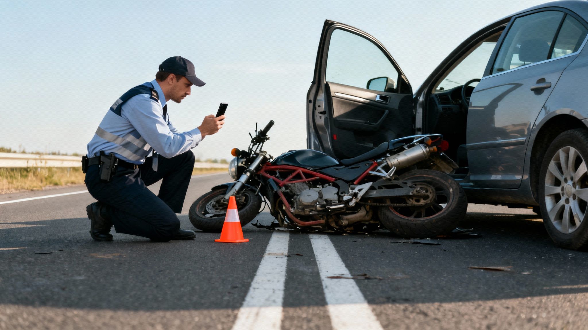 A traffic officer kneels on the road, photographing a motorcycle and car accident scene.
