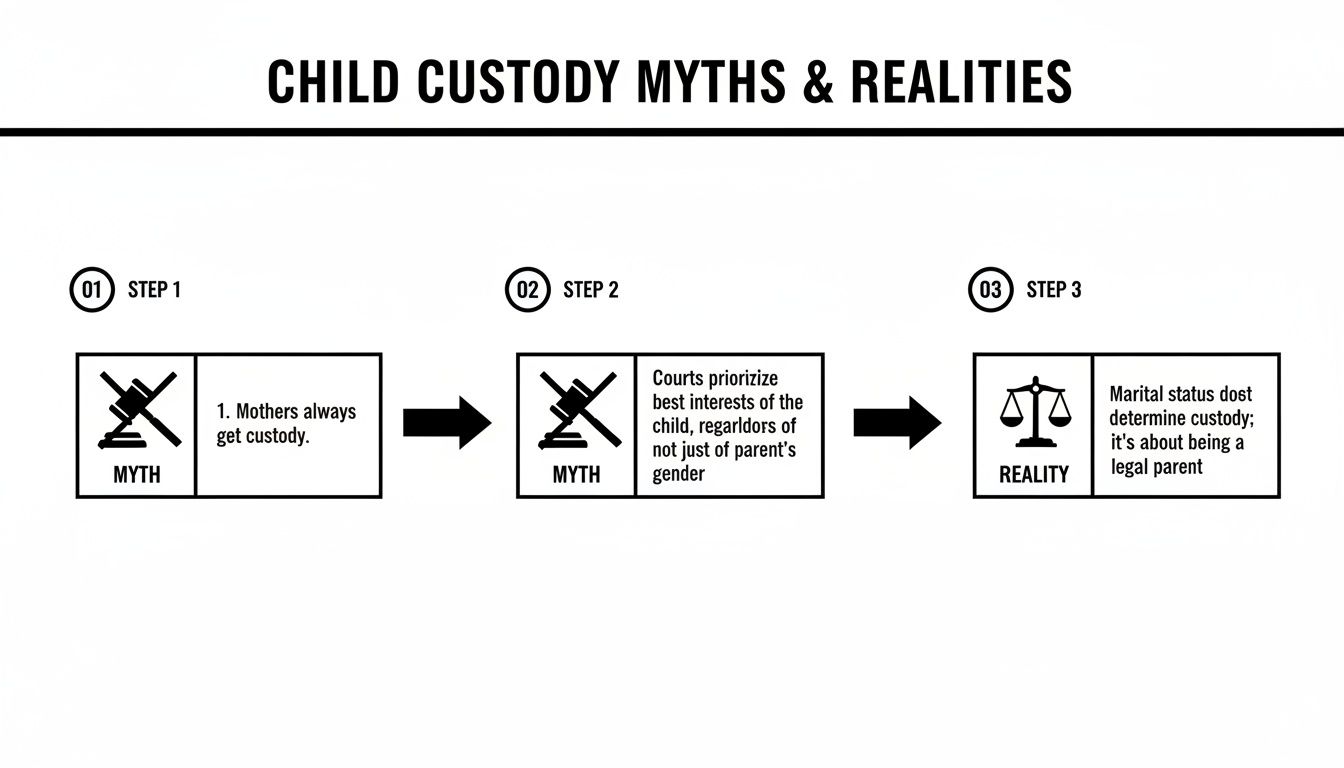 Infographic debunking child custody myths about mothers, parental gender, and marital status.