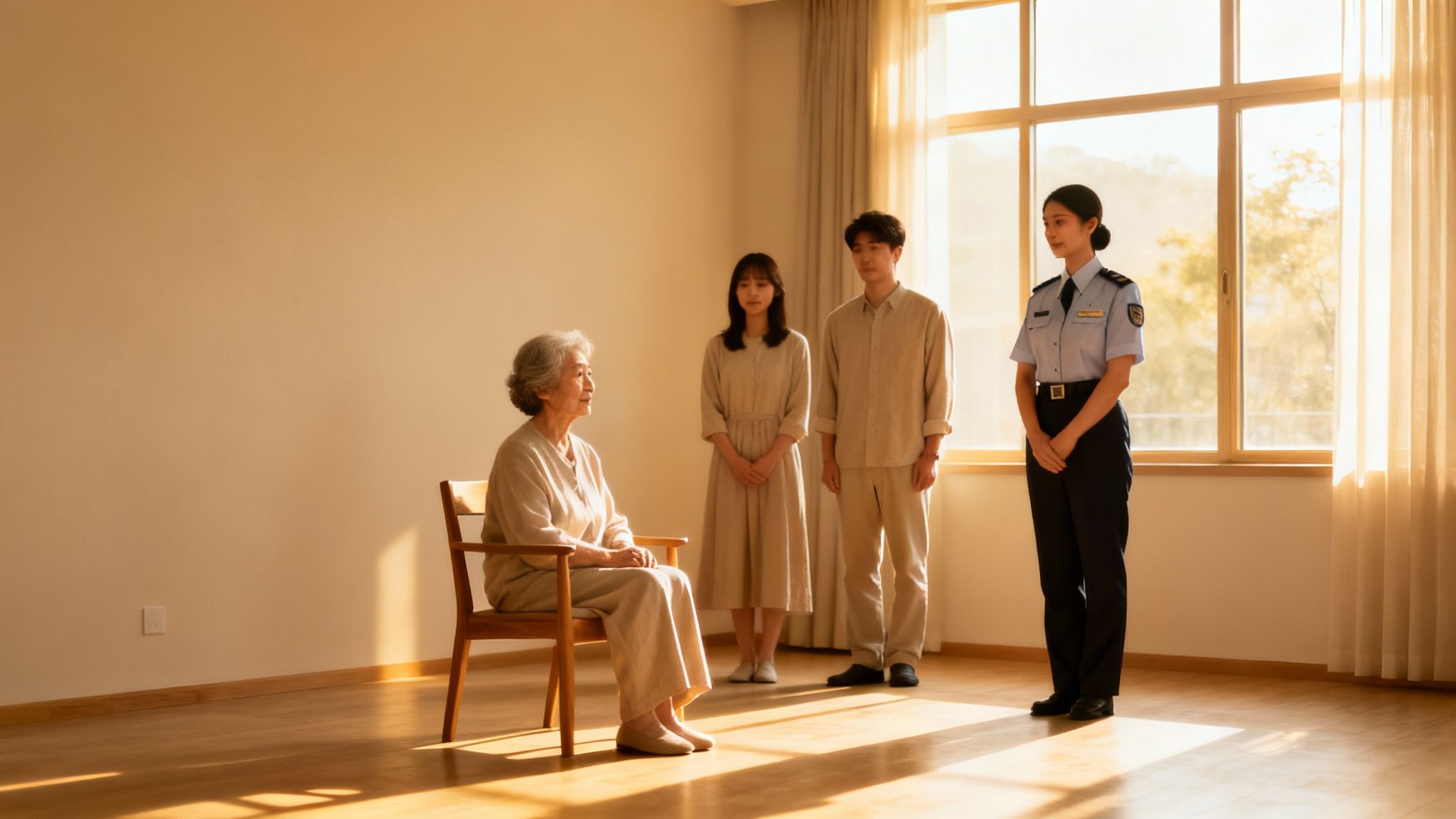 Elderly woman seated in a chair, surrounded by two younger adults and a uniformed officer, in a sunlit room, reflecting themes of guardianship and care in vulnerable situations.