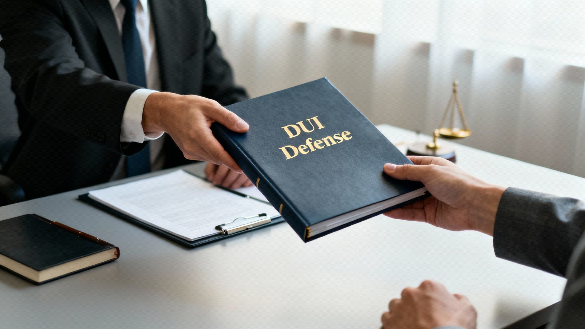 A lawyer reviewing legal documents in a well-lit office.