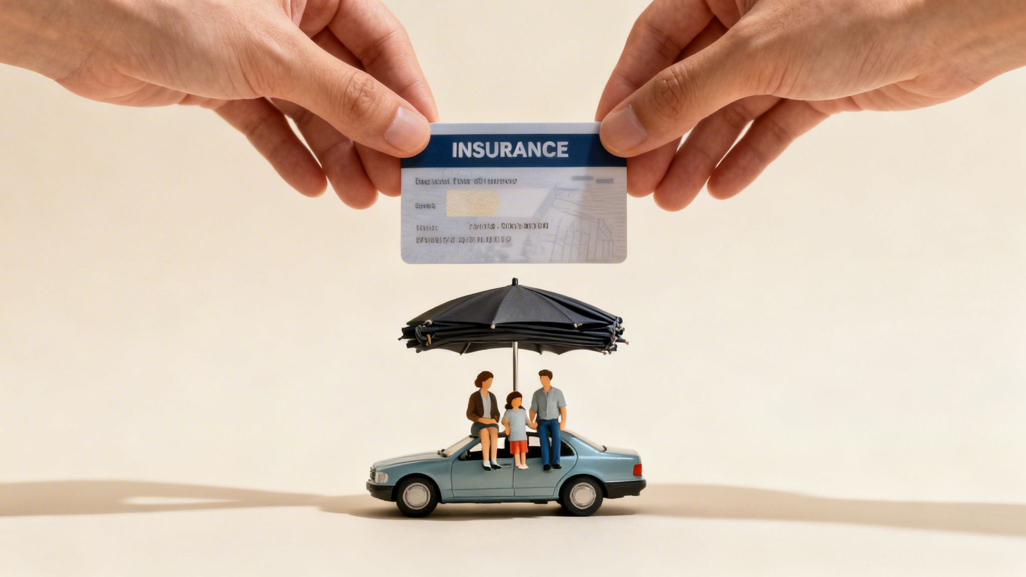 Hands holding an insurance card above a miniature family on a car with an umbrella, symbolizing protection.