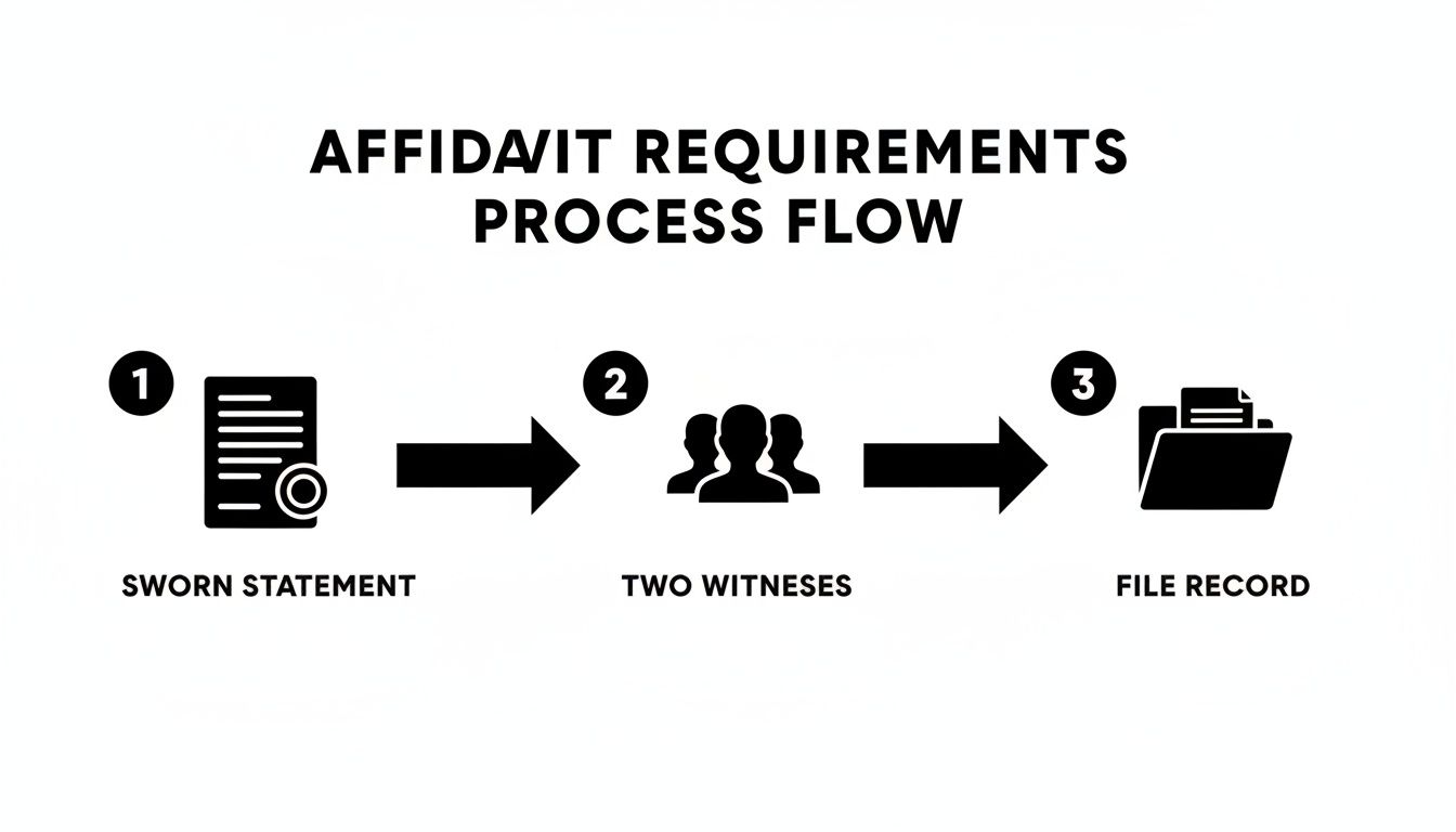 A black and white infographic illustrating the affidavit requirements process flow with three steps: sworn statement, two witnesses, and file record.