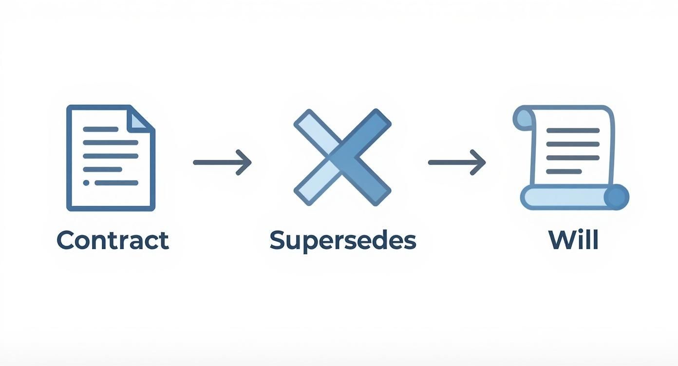 Diagram showing a contract document superseding a will document, with arrows and text 'Supersedes'.
