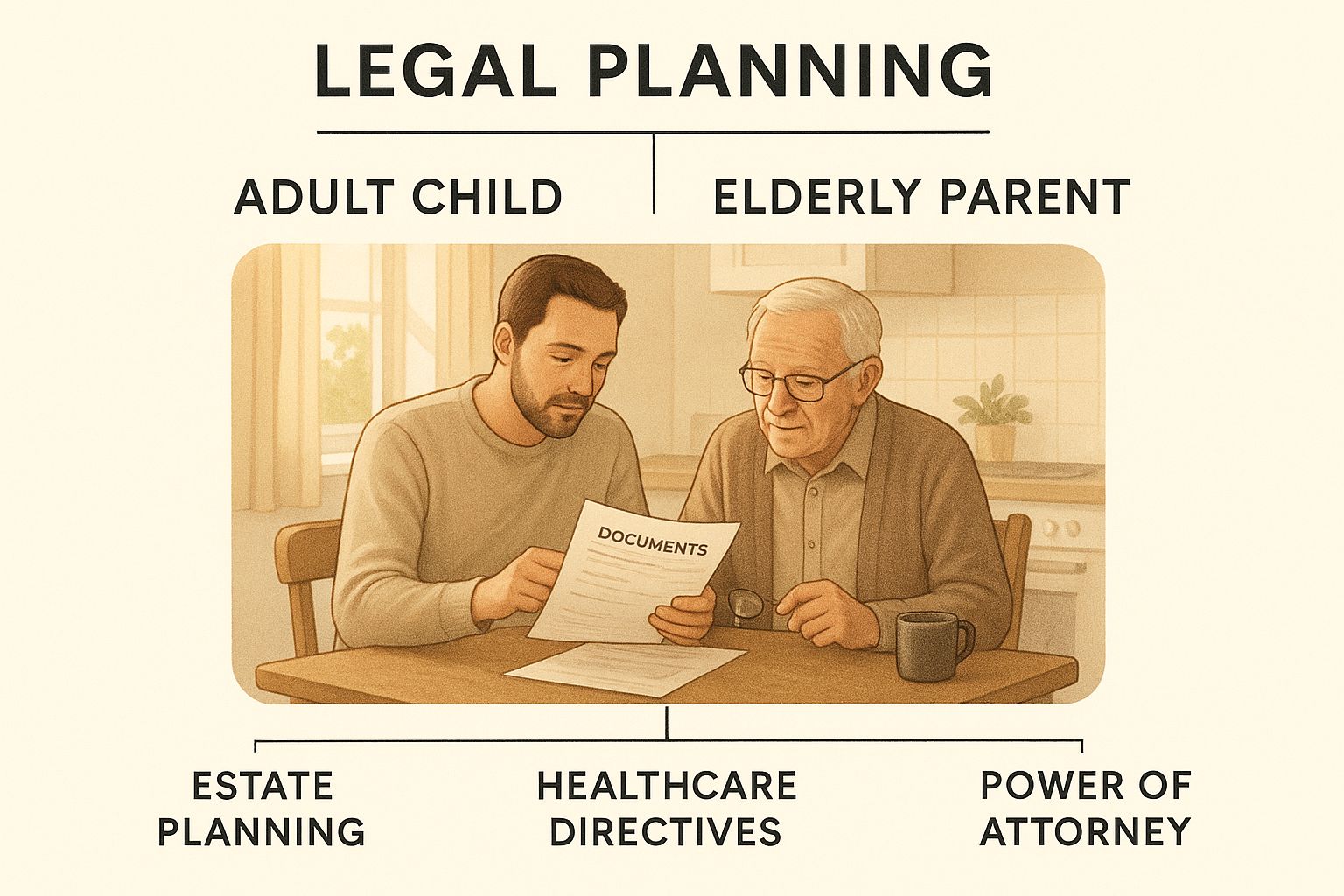 Infographic showing an adult child and elderly parent reviewing legal papers at a kitchen table.