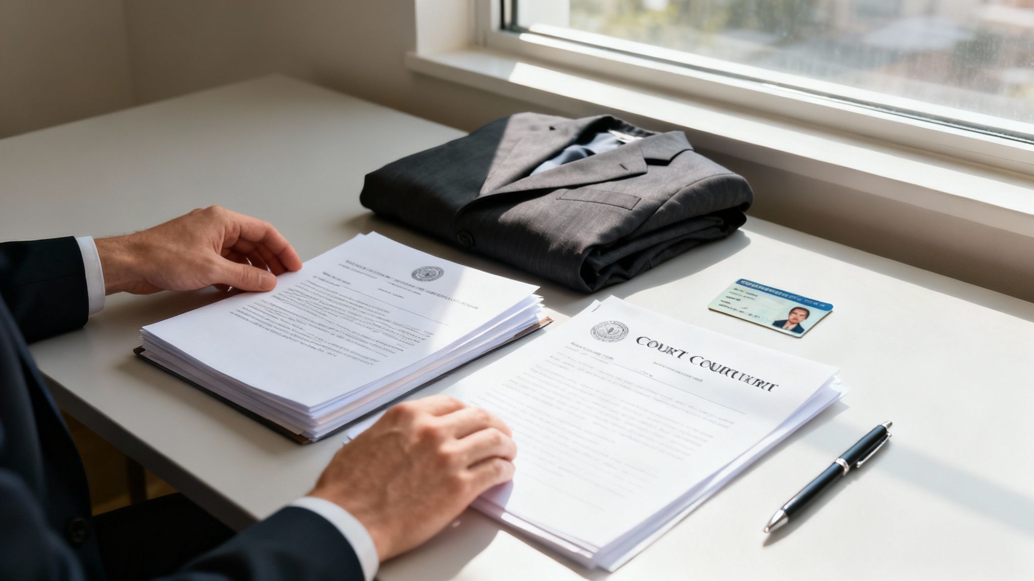 Man reviewing legal documents on a table, with a suit jacket folded nearby, a pen, and an ID card, emphasizing preparation for an arraignment in a DWI case.