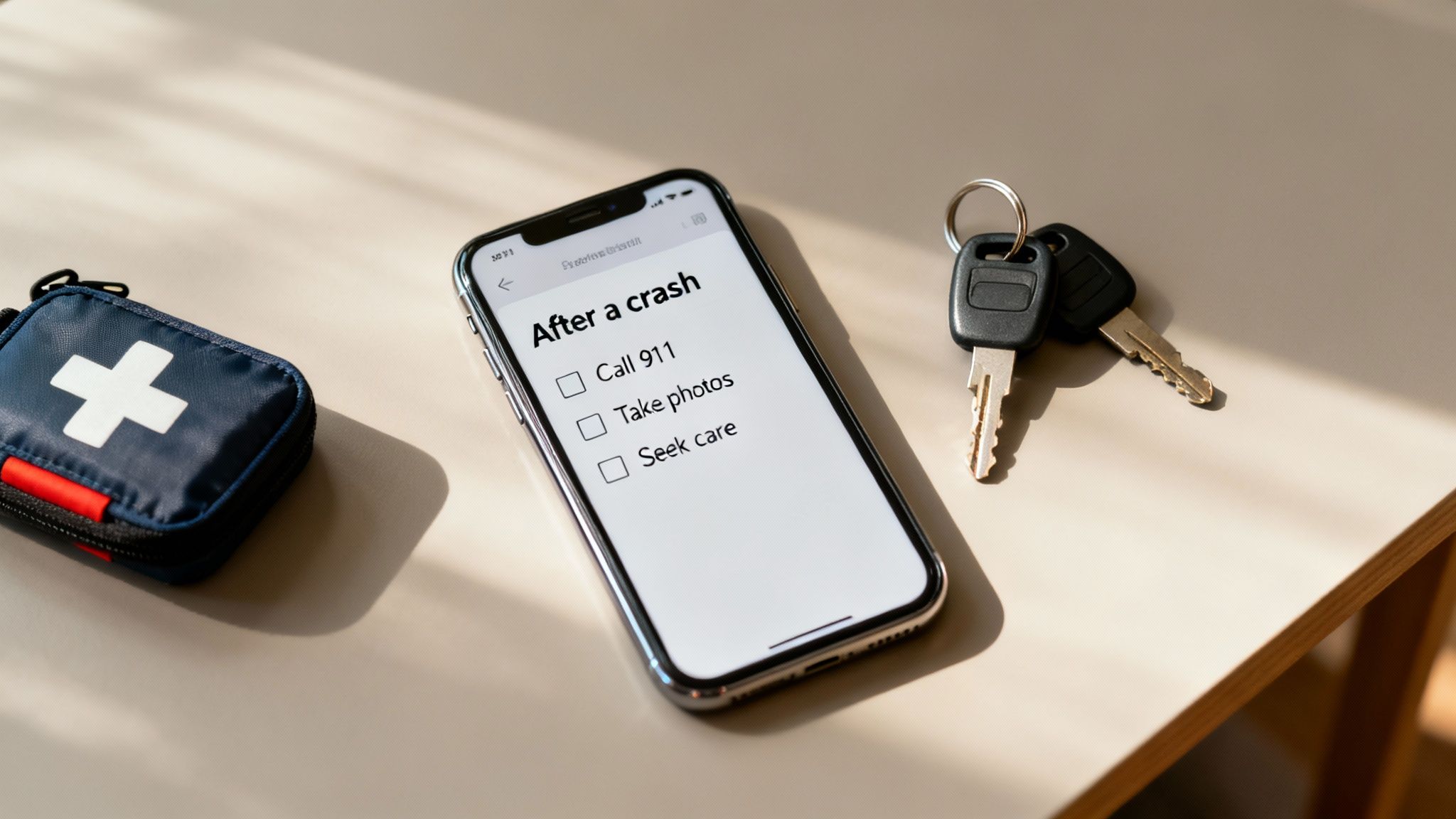 A person using their phone to take pictures of car damage after a collision, documenting the scene.