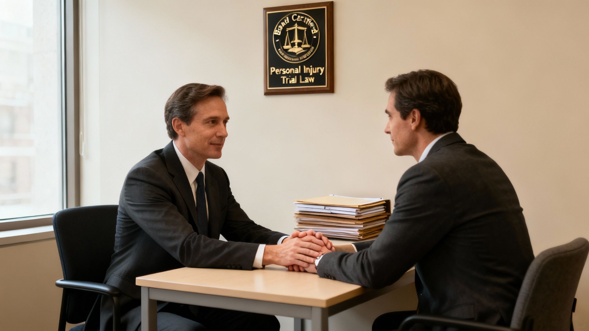 A legal professional reviews documents in a law office.