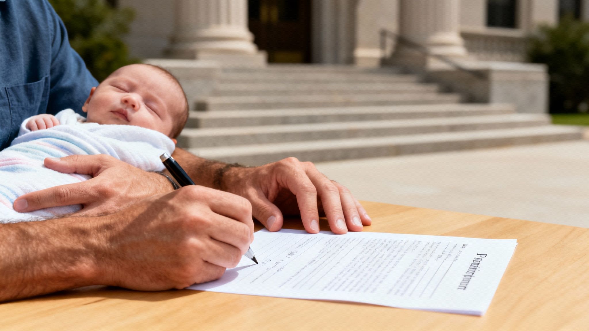 A father holds a sleeping baby while signing legal documents outdoors, with a courthouse in the background.