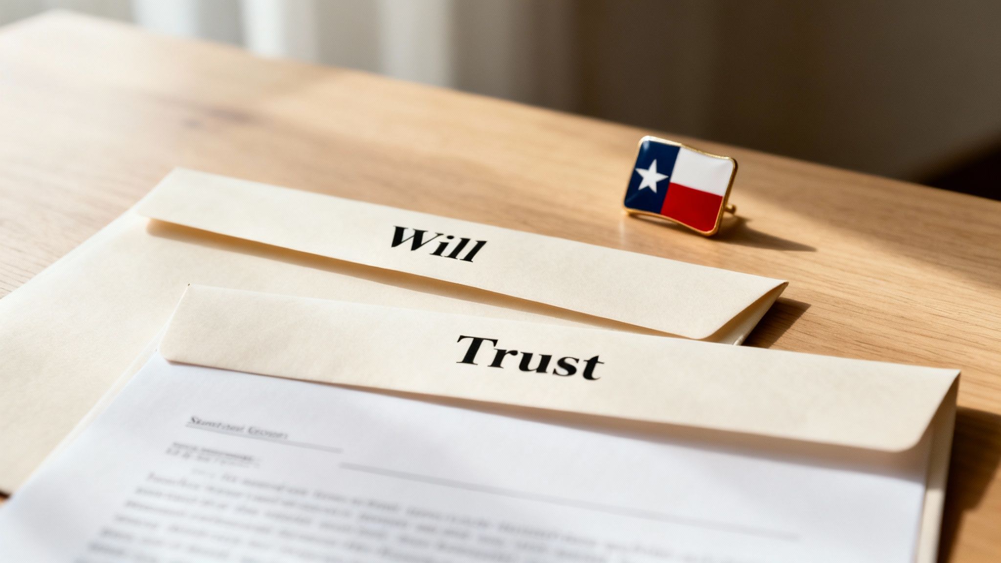 Will and Trust documents on a wooden table, with a Texas flag pin, symbolizing estate planning in Texas.